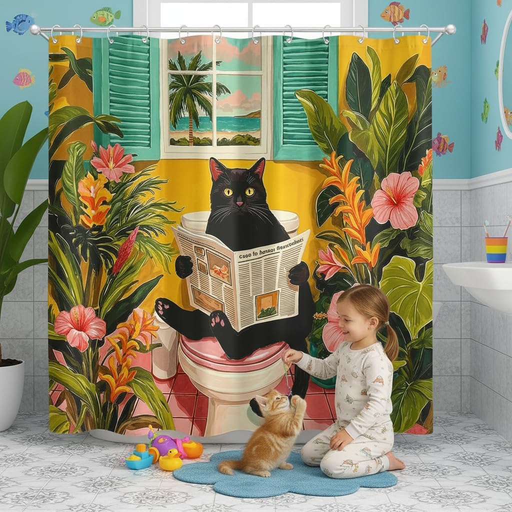 Funny Black Cat Shower Curtain Boho Cute Fun Cat Sitting on Toilet Shower Curtains for Bathroom Tropical Floral Plants Girly Decorative Waterproof Bath Curtain Decor 72 X 72 Inches