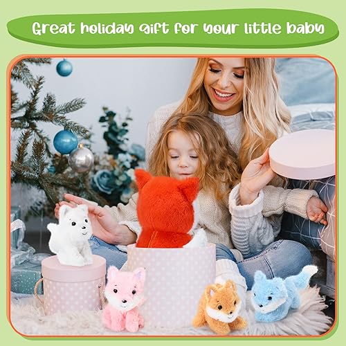 Miniatura 6 de HyDren Juego de 5 juguetes de peluche de zorro de 14 pulgadas con 4 lindos zorros de peluche en el abdomen, suaves peluches de zorro para baby
