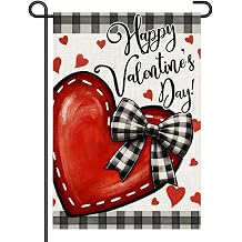 DF970 Gartenflagge Happy Valentines Day 305 x 457 cm doppelseitig kleine Flaggen rotes Herz Hofschild mit B ffelkarierter Schleife f r Veranda Rasen Hof Outdoor-Dekorationen