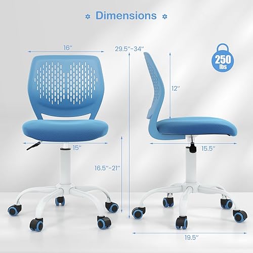 Miniatura 3 de Giantex Silla de escritorio para niños, silla de estudio ajustable para niños, silla giratoria de malla sin brazos, silla de escritorio para niños