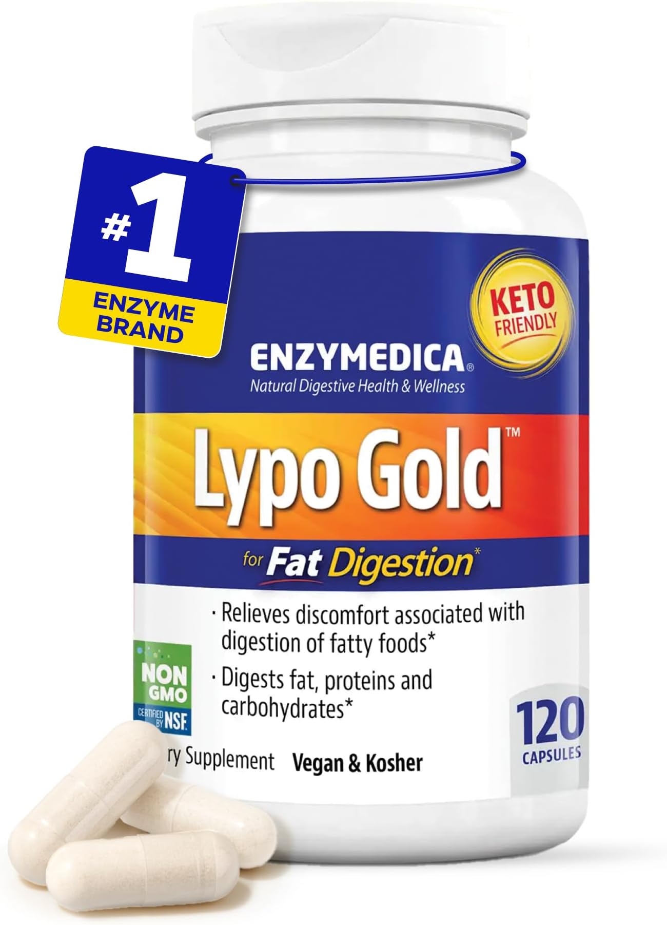 Enzymedica Lypo Gold - Protease, Amylase & Lipase Digestive Enzymes for Women & Men, Enzyme Supplement for Fat Digestion, Gut Health & Gallbladder Support, Helps Gas & Bloating, Gluten Free - 120 Caps
