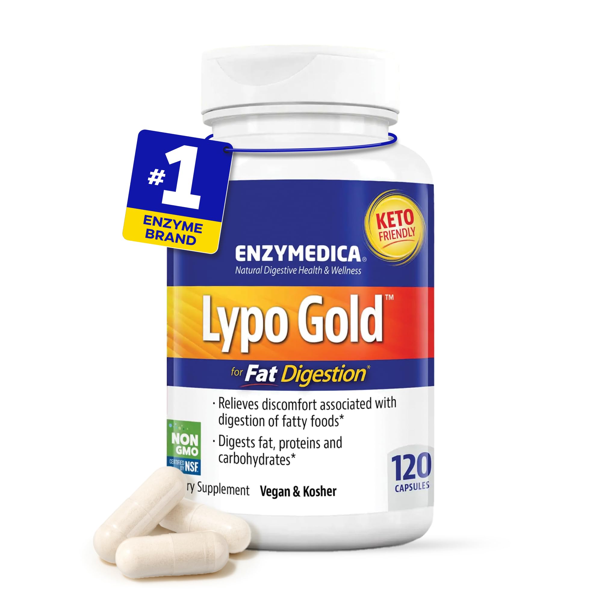 Enzymedica Lypo Gold, High Potency Lipase Digestive Enzymes for Fat Digestion, Supports Occasional Bloating Relief & Digestive Health, Keto-Friendly, Vegan, 120 Capsules FFP