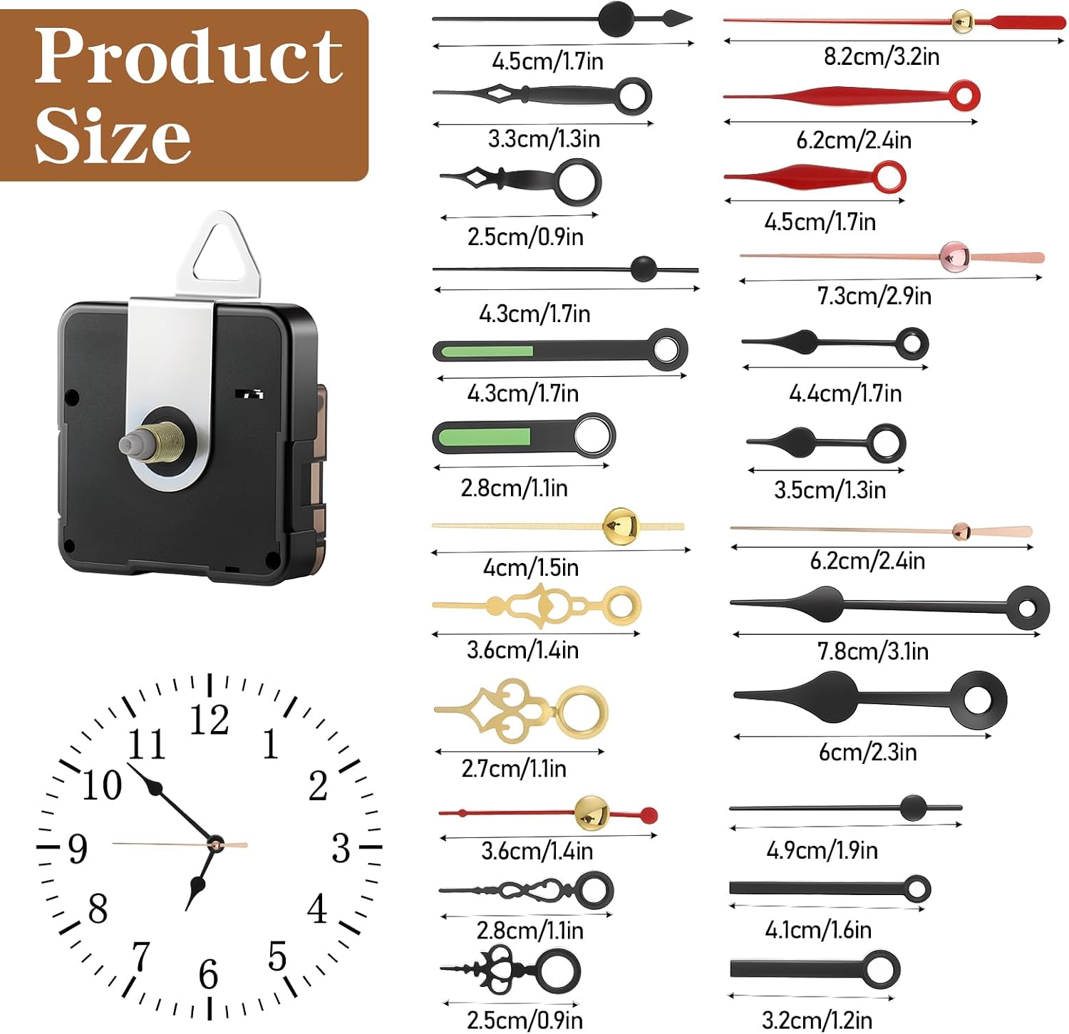 3 Pcs Replacement Clock Mechanism with 8 Pairs of Short Hands Battery Clock Movement Quartz Repair Kit Include Clocks Hands for DIY Clocks (Total Shaft Length 16/20/23mm)