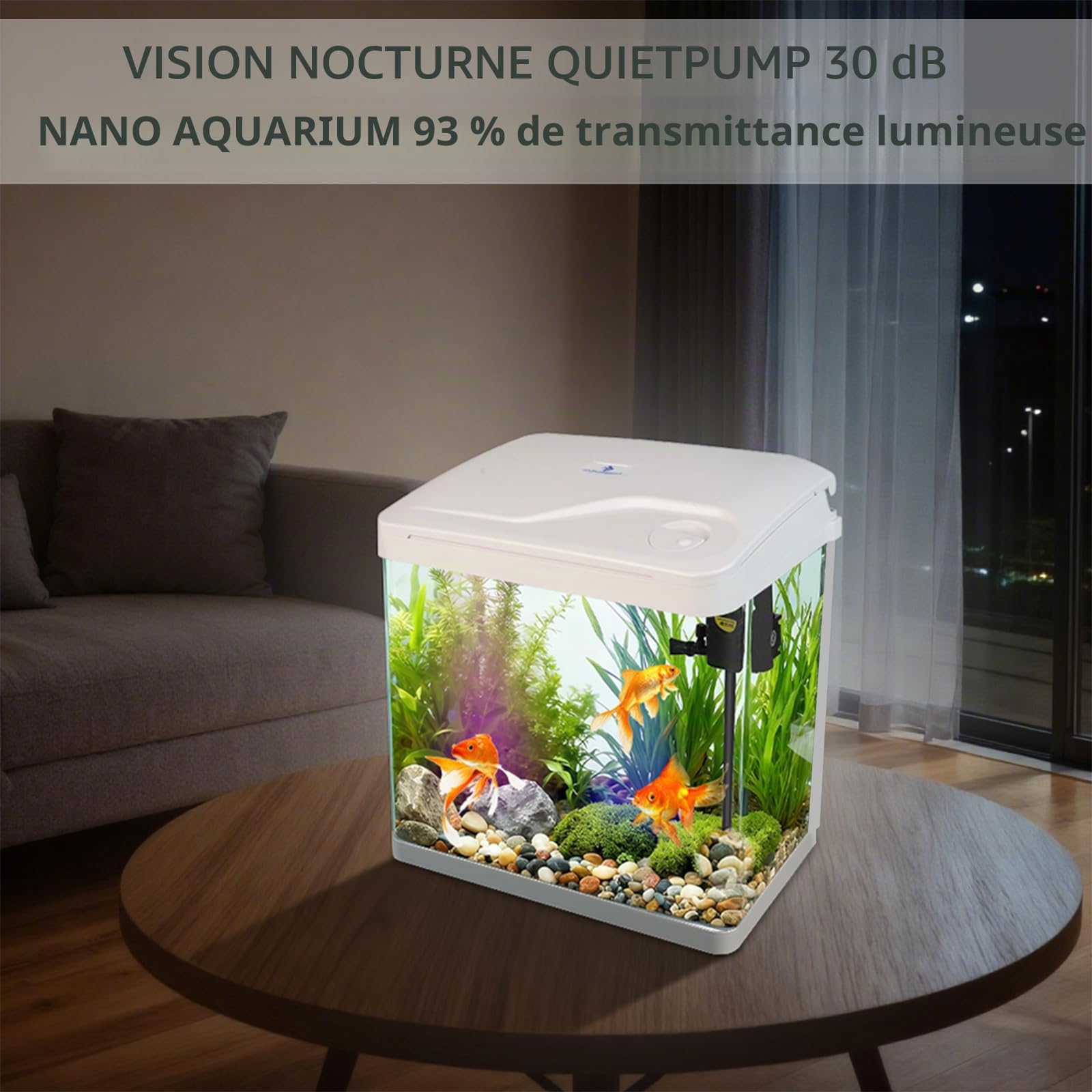 Petit aquarium en verre de 16 litres avec filtre et lumière, kit tout-en-un en verre de table avec pompe pour poissons rouges, beta, crevettes, blanc