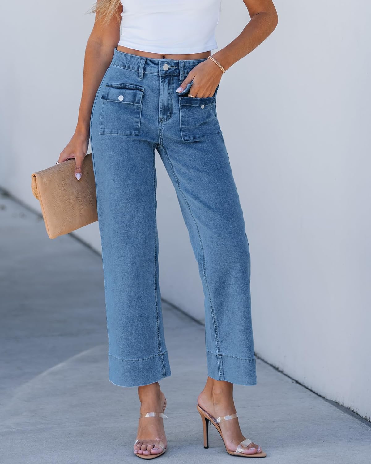 GRAPENT Wide Leg Jeans for Women Trendy High Waisted Straight Leg Cropped Stretchy Denim Pants with Retro Patch Pockets - Image 2