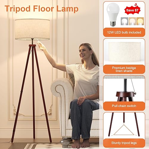 Miniatura 9 de LiteHistory Lámparas de pie con trípode de madera para sala de estar, dormitorio y oficina, lámpara de pie con pantalla de lino beige, bombilla de