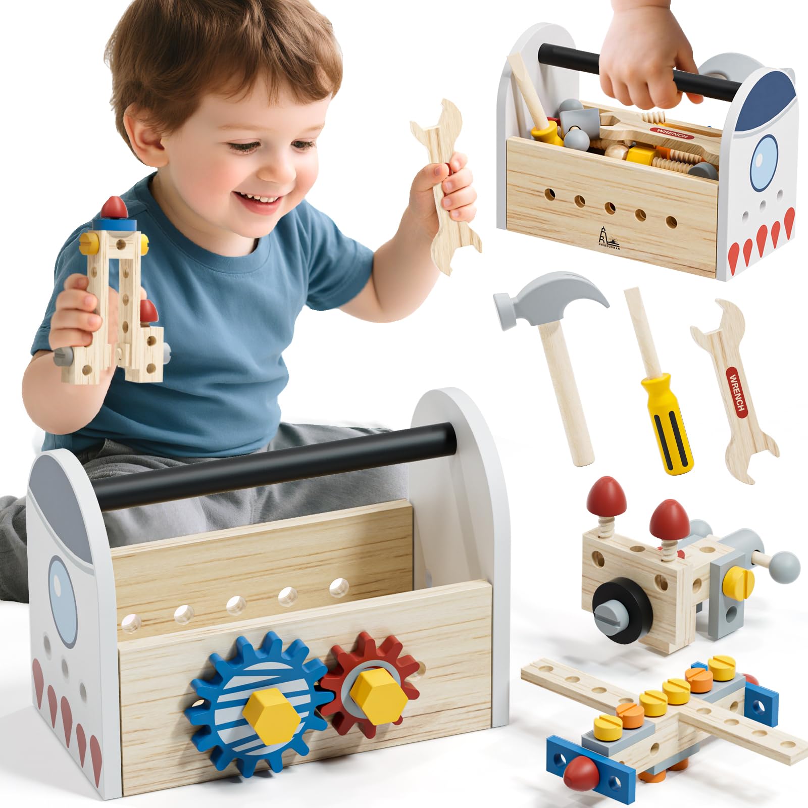 Wooden Montessori Kids Tool Set, Pretend Play Tool Box Toys for 4 Year Old Boy