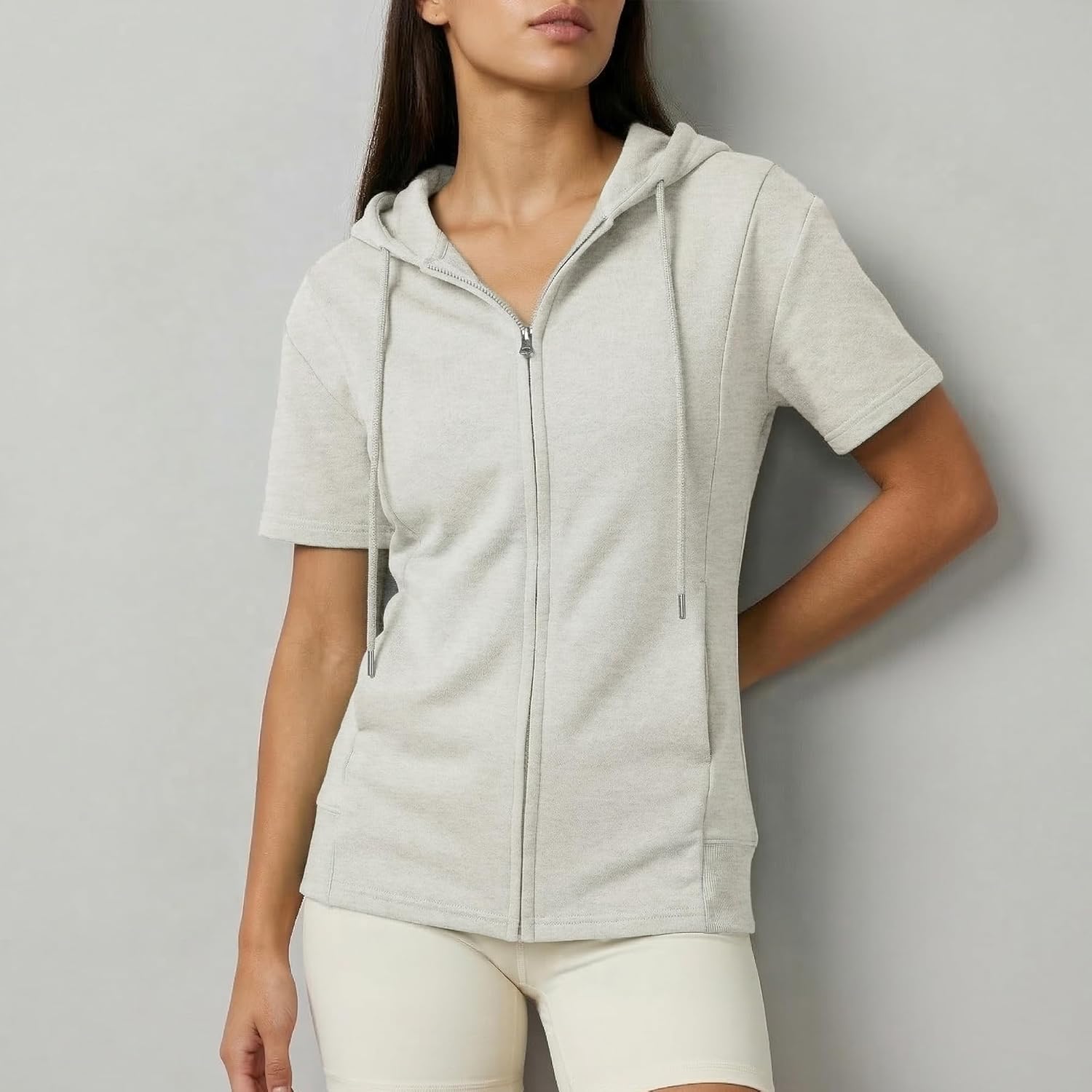 givon womens slim fit zip up hoodie short sleeve thin jacket full zip sweatshirt with plus size large dcf257-oatmeal