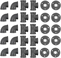 NIUBIDINDUSTRIALFURNITUR 30 Pack 1/2 Inch Cast Iron Pipe Fittings: 10 Elbows, 10 Tees, 10 Flanges for Steampunk Industrial DIY Shelves