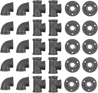 NIUBIDINDUSTRIALFURNITUR 30 Pack 1/2 Inch Cast Iron Pipe Fittings: 10 Elbows, 10 Tees, 10 Flanges for Steampunk Industrial DIY Shelves