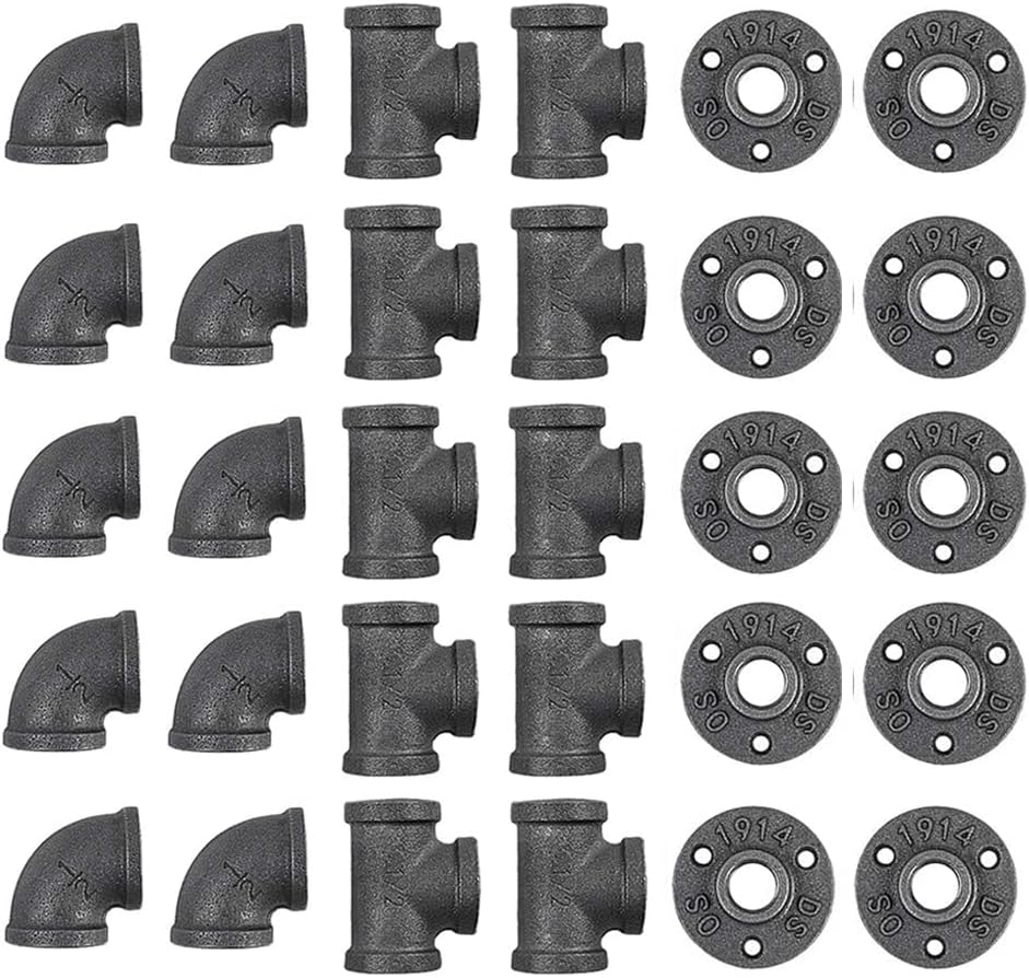 30 Pack 1/2 Inch Cast Iron Pipe Fittings (10 Elbows, 10 Tees, 10 Flange), DIY Steampunk Industrial Vintage Style.