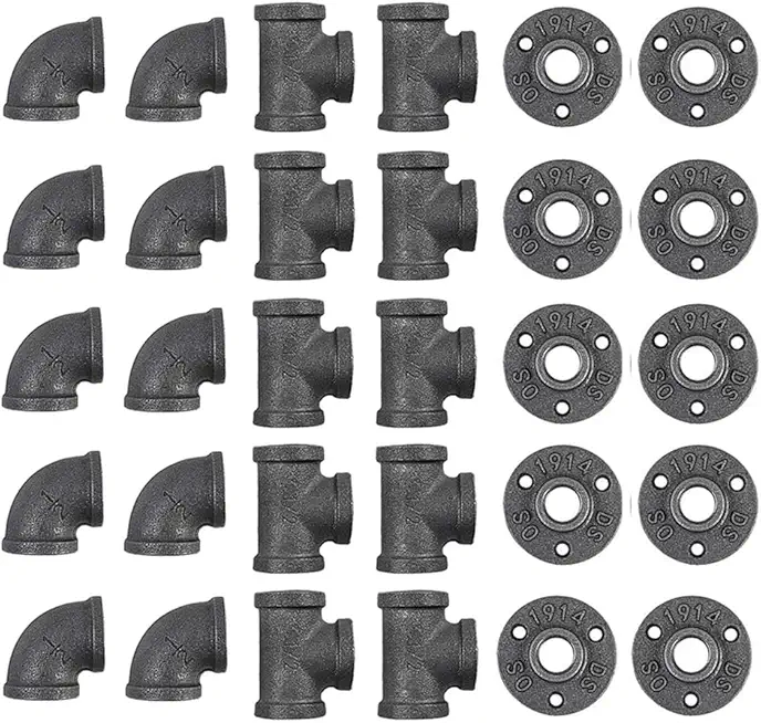 30 Pack 1/2 Inch Cast Iron Pipe Fittings (10 Elbows, 10 Tees, 10 Flange), DIY Steampunk Industrial Vintage Style.