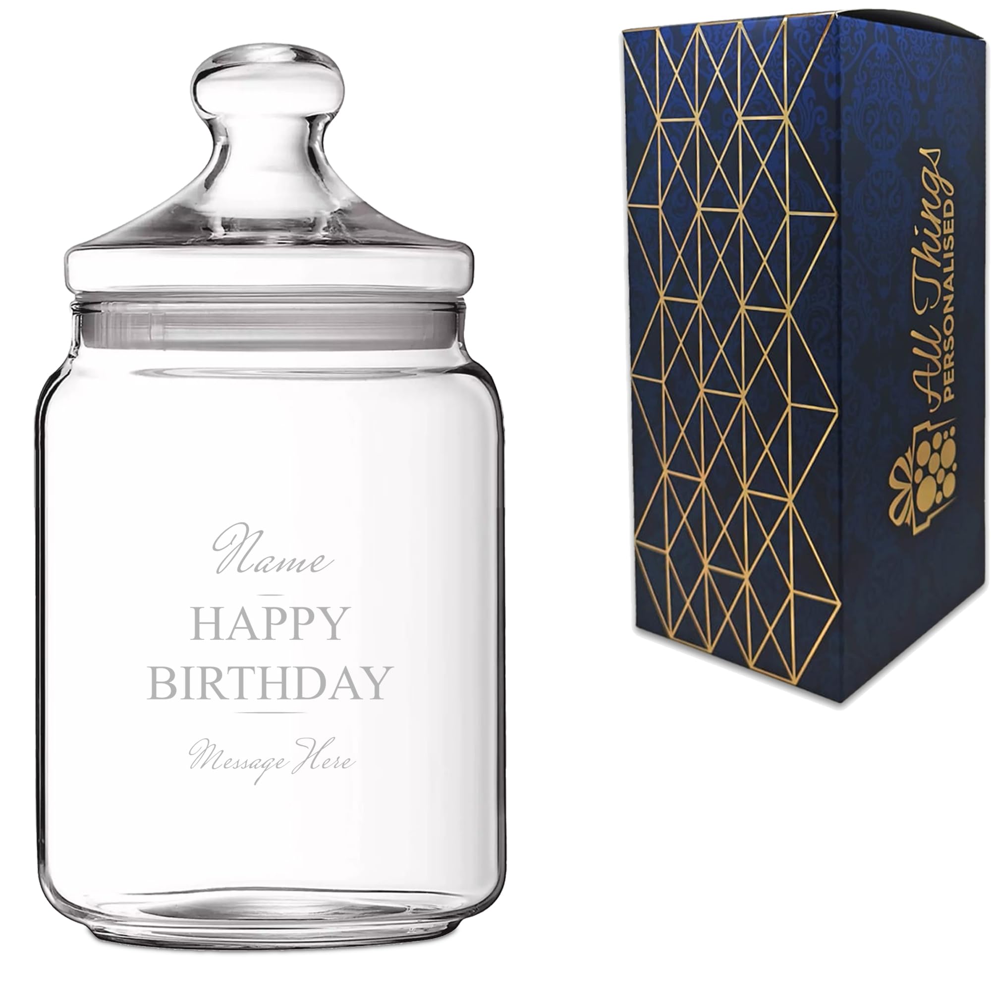 Personalised 1 Litre Glass Sweets Biscuits Jar with Happy Birthday Design, Custom Laser Engraved Treat Jar with Lid, Personalised Birthday Gift for Him and Her, Gift Box Included