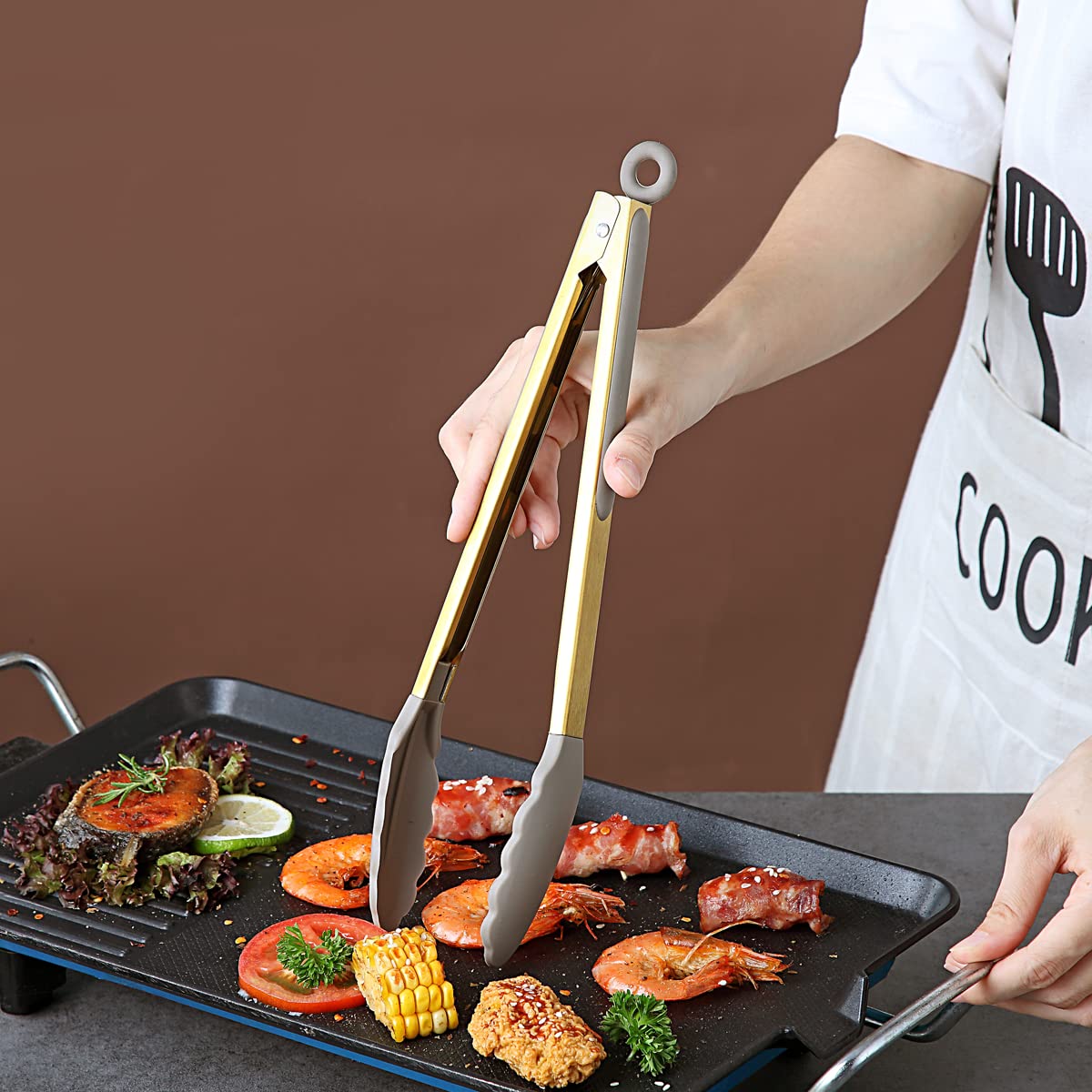 Pinzas de cocina doradas, pinzas de alimentos resistentes para cocinar con puntas de silicona y mango chapado en oro de titanio, pinzas de cocina, pinzas para parrilla, aptas para 6