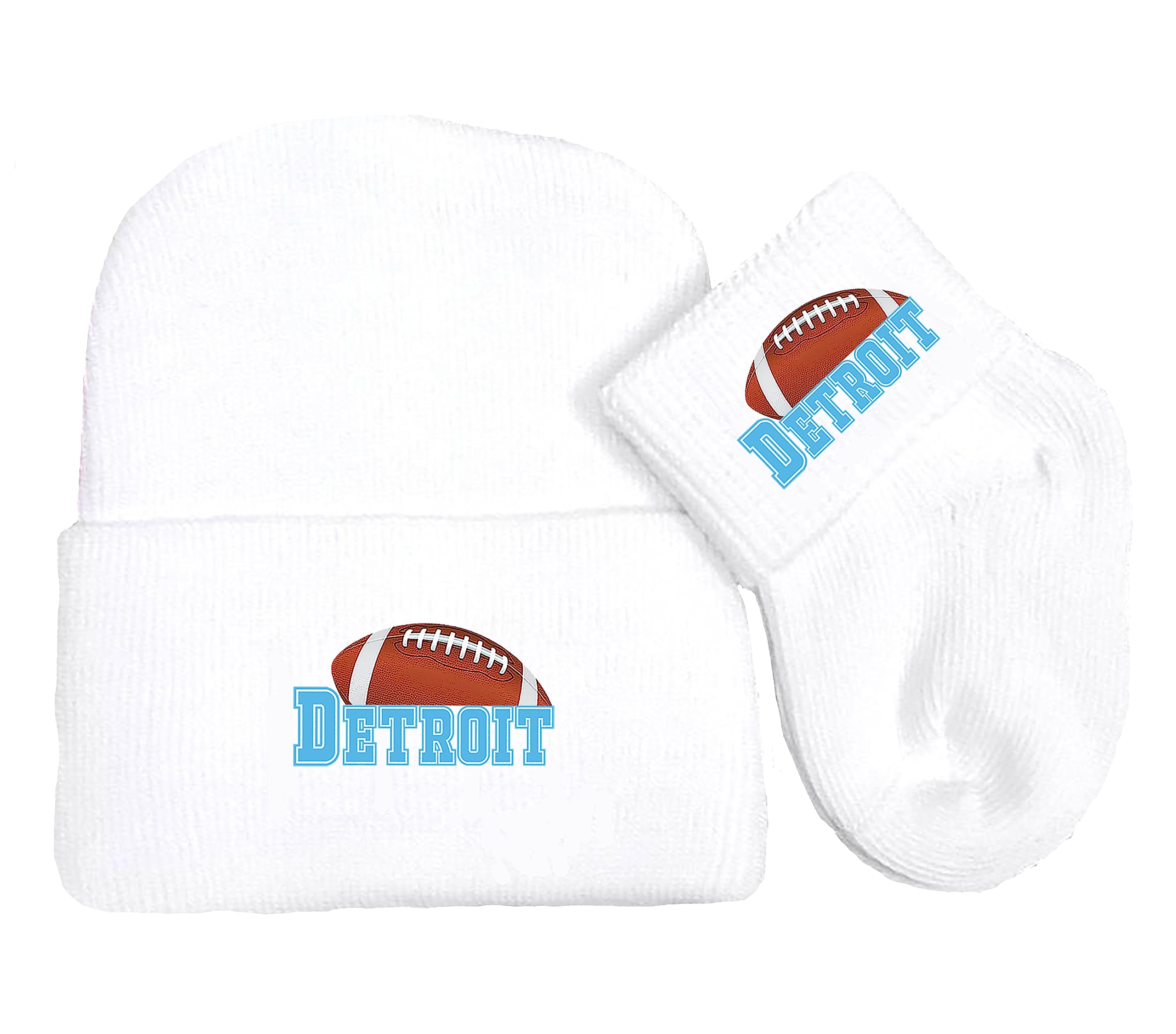 Future Tailgater Newborn Baby Knit Cap and Socks Set for Detroit Football Fans White