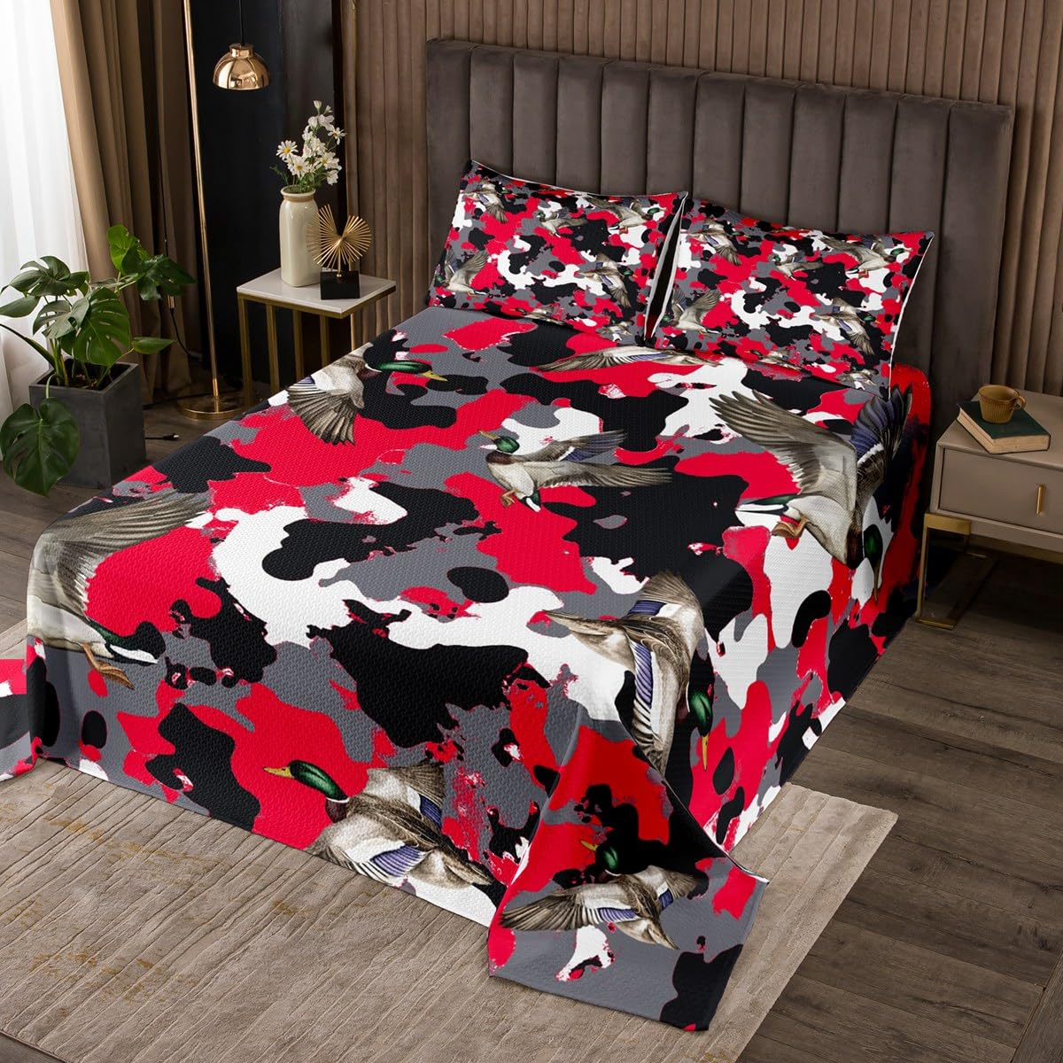 jejeloiu Red Mallard Duck Coverlet Set Queen Size Kids Wild Duck Hunting Quilted Coverlet for Boys Girls Teens Camouflage Camo Military Style Hunting Wild Animal Bedspread Room Decor