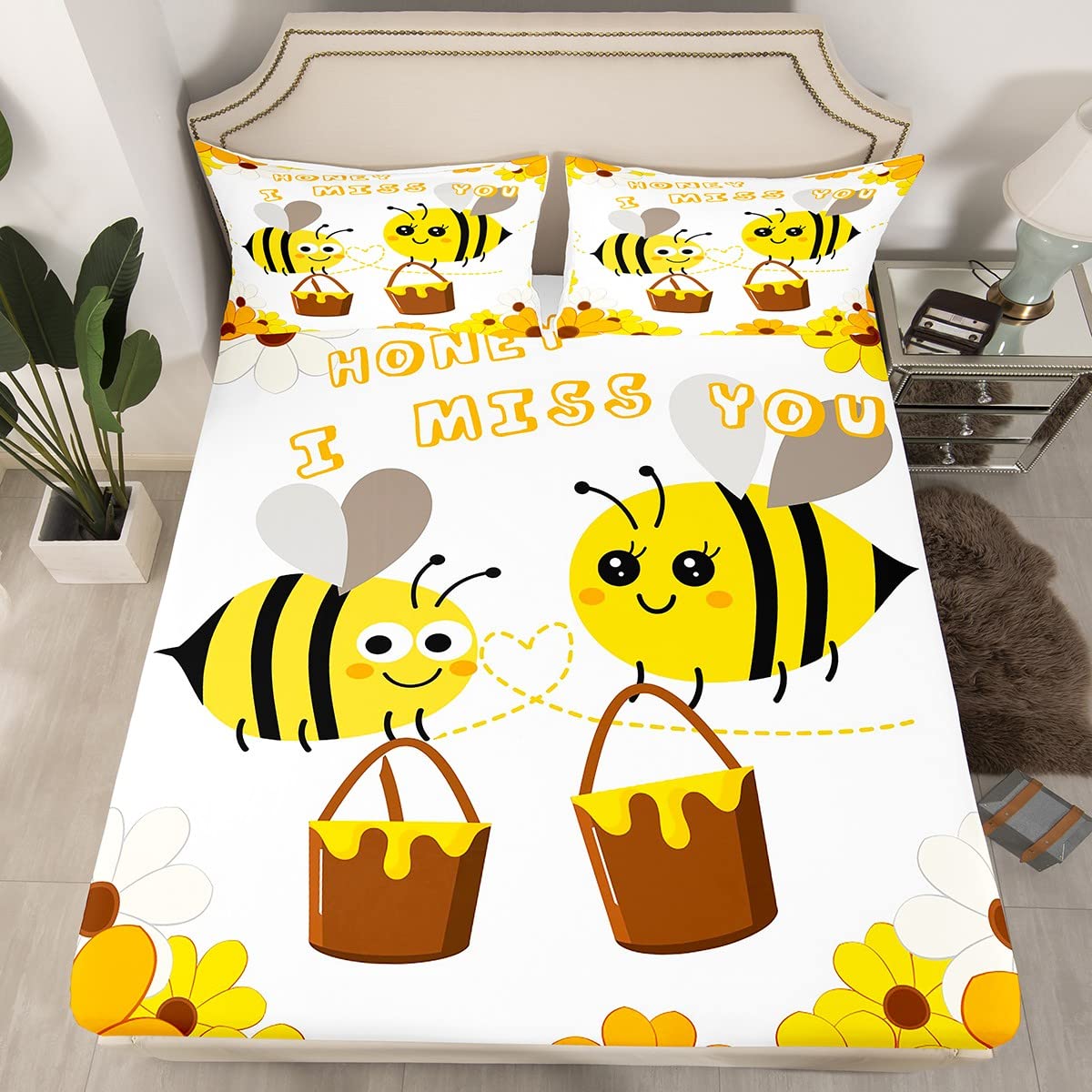 Erosebridal Yellow Bee Fitted Sheet, Sunflower Daisy Floral Comfoter Cover for Kids Boys Girls, Sweet Honey Miss You Fitted Bed Sheets, Cartoon Honey Bee Bedding Set 3Pcs with Deep Pocket, Queen Size