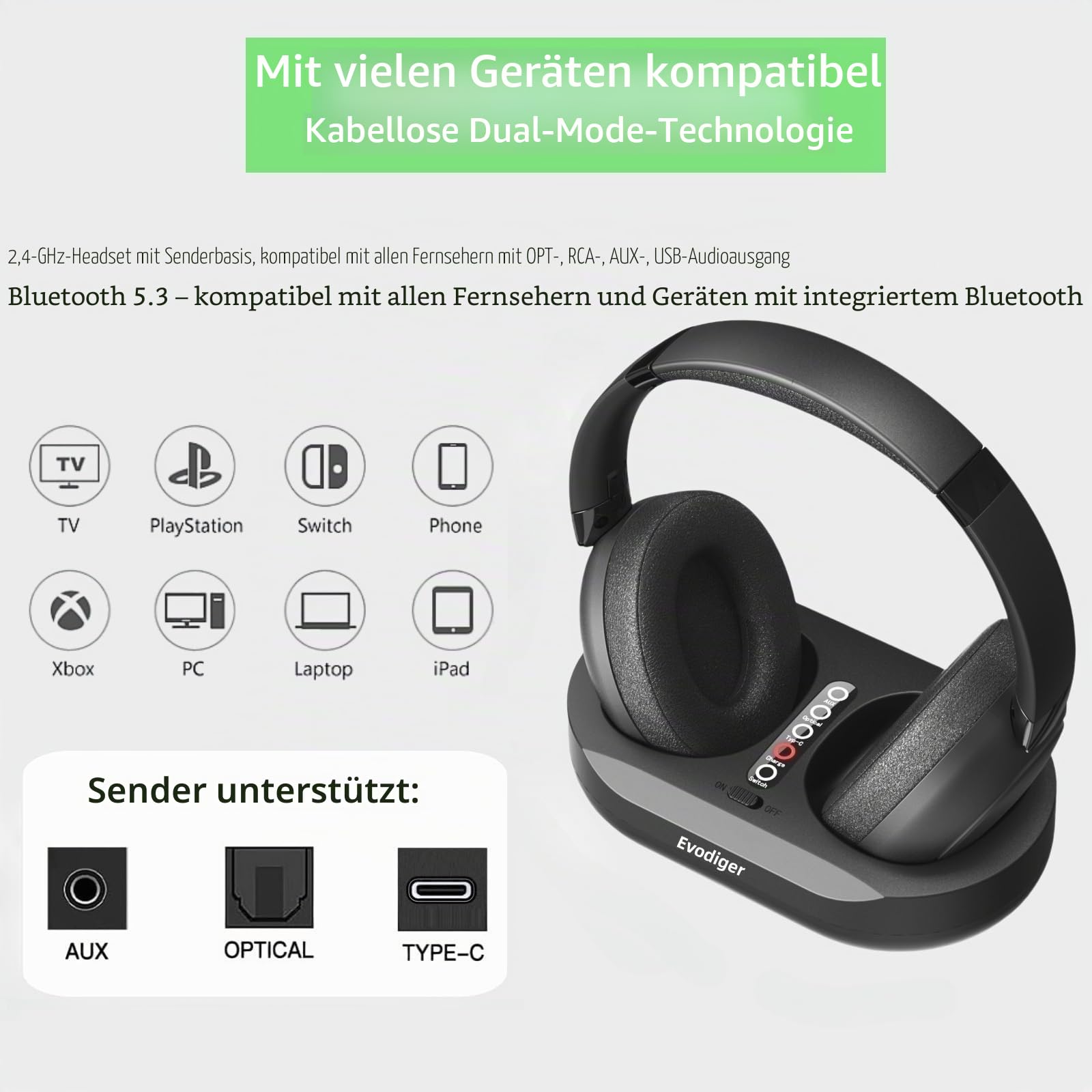 Drahtlose TV-Kopfhörer für Senioren, TV-Kopfhörer Kabellos mit Ladestation für Sender, Bequeme Over-Ear-Passform, Lange Akkulaufzeit, Einfache Bedienung, Ideal für ältere Menschen und spätes Fernsehen