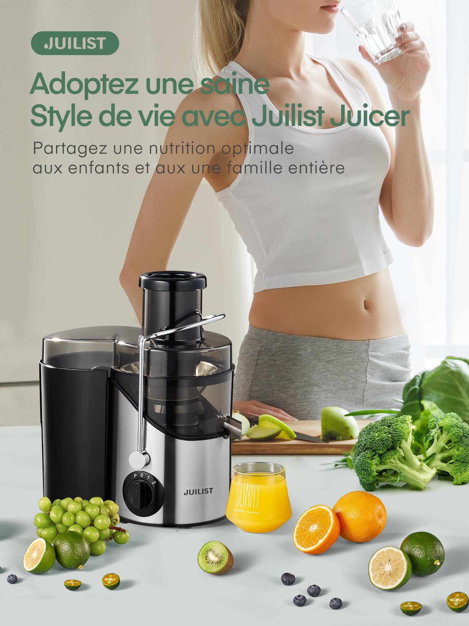 JUILIST Centrifugeuse Extracteur de Jus, pour fruits et Légumes, Goulotte d'Alimentation 65 mm, 3 Réglages, Avec Brosse de Nettoyage, Facile à Nettoyer, Sans BPA