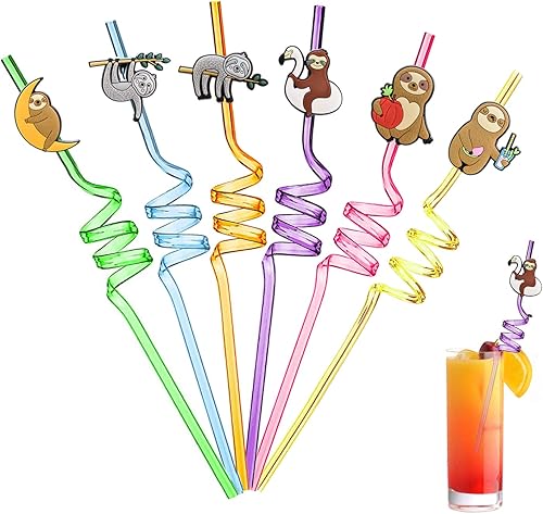 Ulbemoll 6 popotes de plástico reutilizables de perezoso, decoraciones de fiesta de cumpleaños de perezoso, pajitas locas de perezoso, suministros
