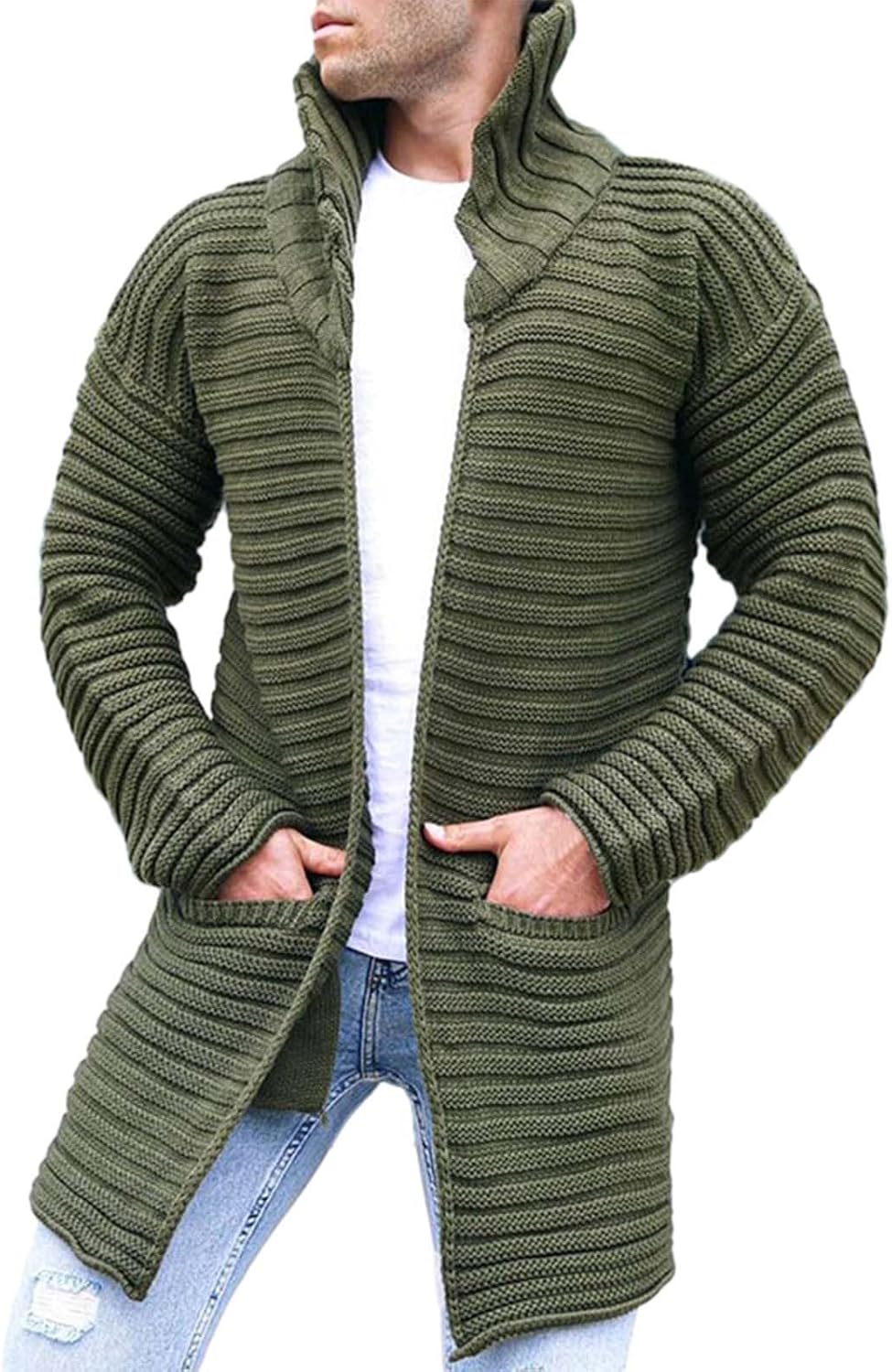 Mens Long Sleeve Stand Collar Knitted Cardigan Sweaters Slim Fit Open Front Mid Length Pockets Drape Cape Overcoats