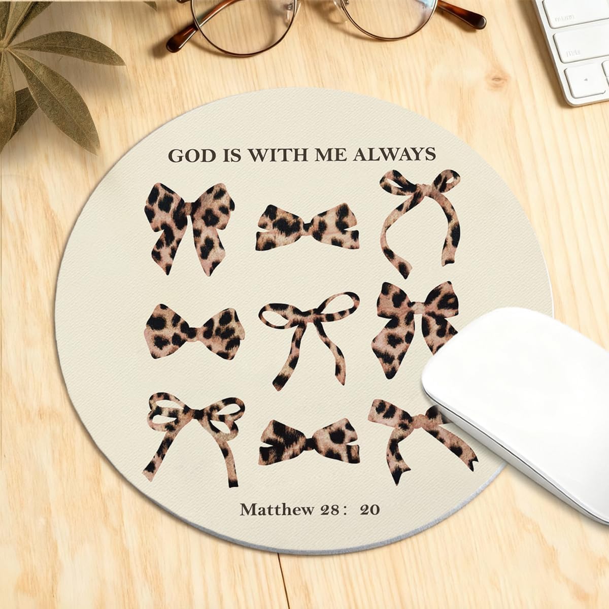 Leopard Bow Bible Round Mouse Pad Office Gifts for Women Teen Girls,Cute Y2K Coquette Cheetah Print Bow Mouse Pads for Office Home Classroom Playroom Desk Mat Accessories Decor,8.6 x 8.6 Inch image 4