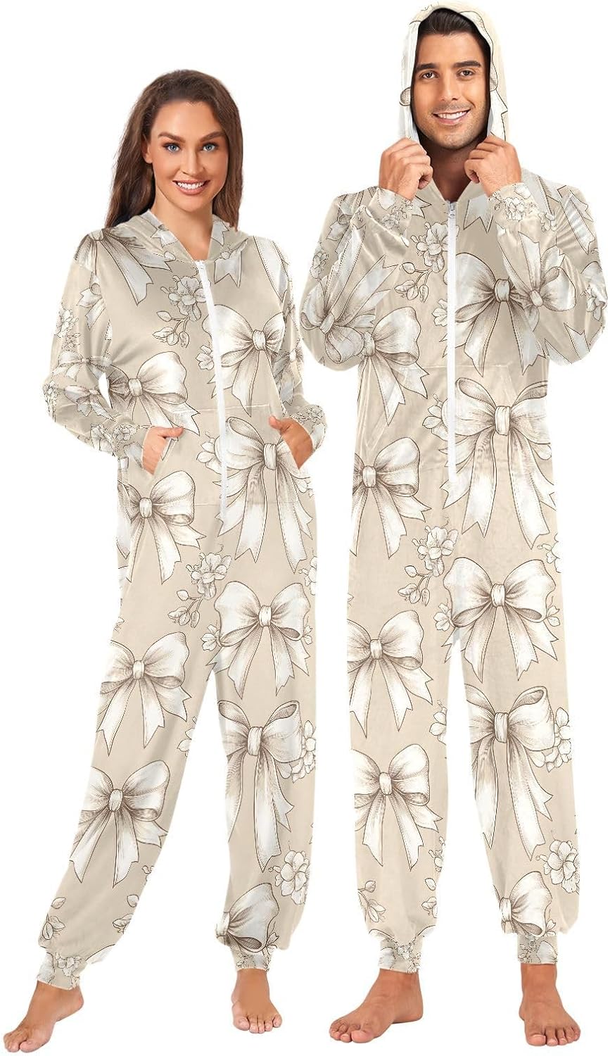 Golden Bow Paisley Flower Adult Onesie Pajamas Novelty One Piece Costume Sleepwear Jumpsuits Matching PJS
