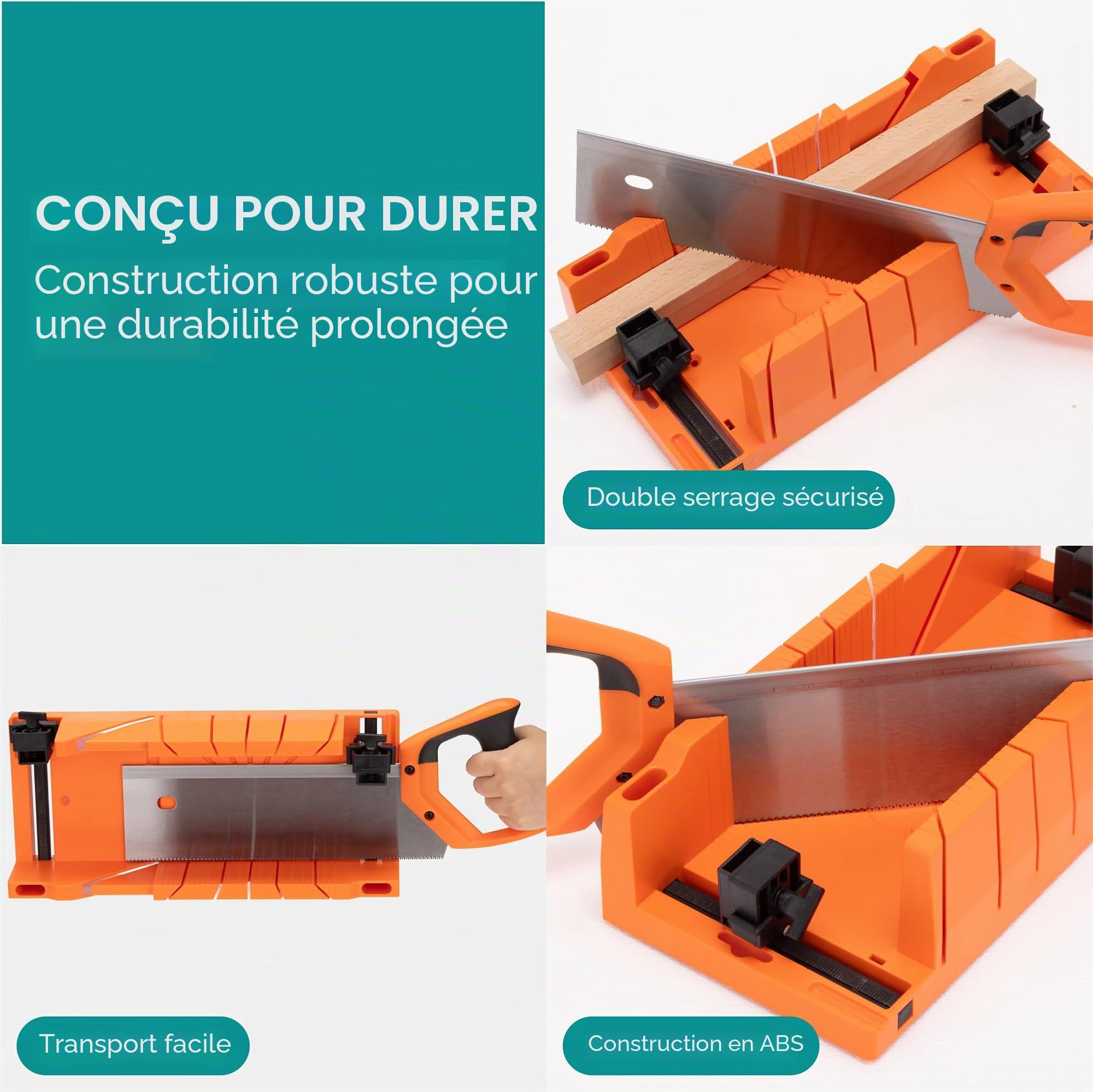 Navaris Boîte à onglets - Boîte à onglets avec scie 12" pour angle 22,5° 45° et 90° - Outil bricolage menuiserie modélisme petits travaux avec 2x pince réglable