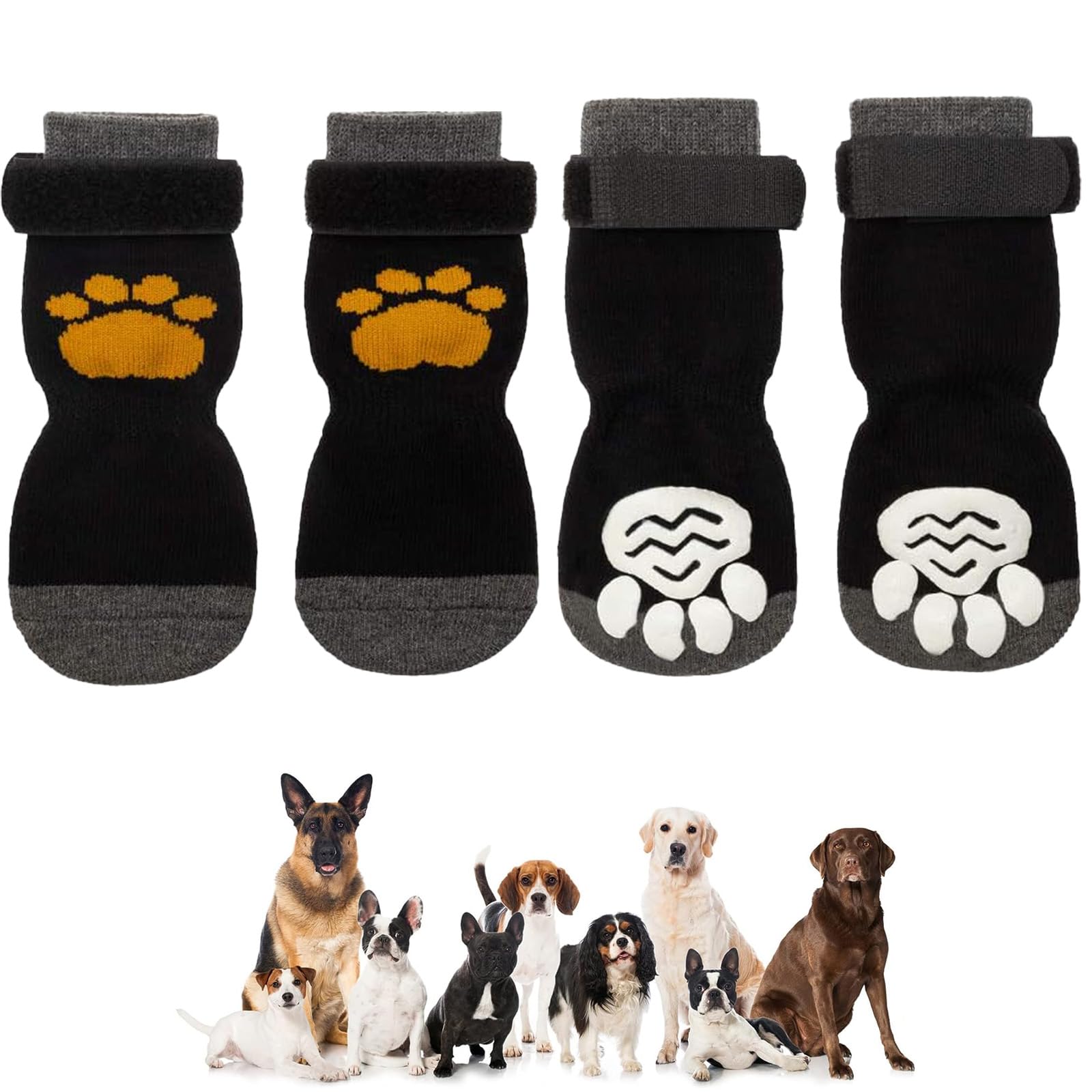 4 PCS Anti Slip Dog Socks Paws Non-Slip Pet Paw Protector Dog Boots Dog Cat Paw Protectors with Waterproof Rubber Bottom with Adjustable Straps for Indoor Outdoor Wear Cold Winter