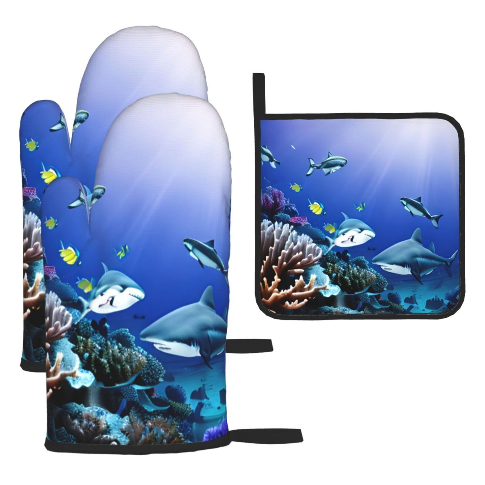 Shark Swimming Under The Sea Print Oven Mitts Kitchen Gloves Set Everyday Baking Grilling Microwaving Cooking Gift