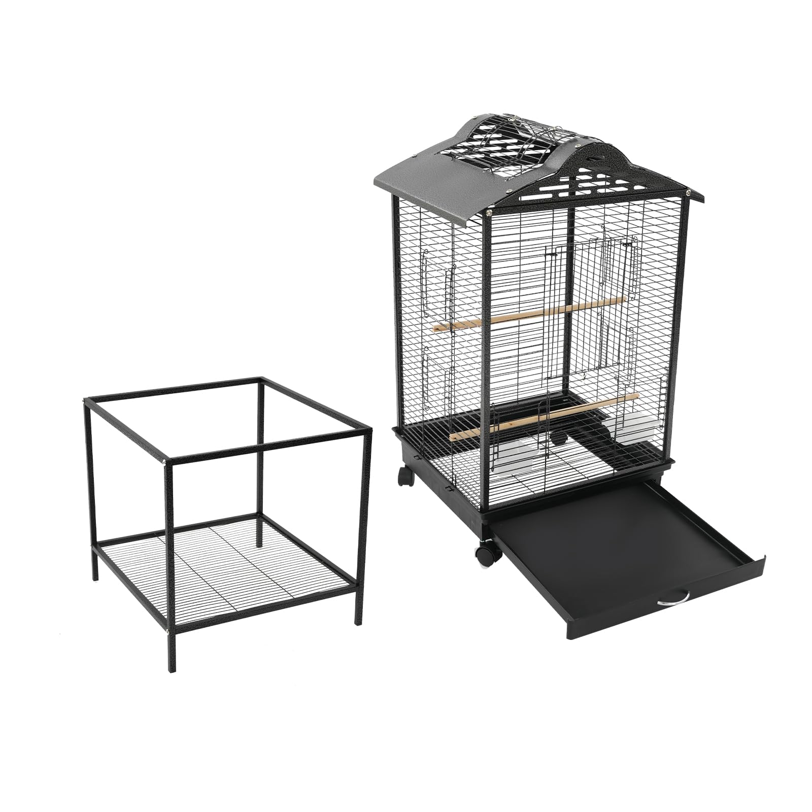Pajarera para pájaros con ruedas, 48 x 46 x 122 cm, jaula grande con barras de madera y bandeja para la suciedad, con soporte y compartimento de almacenamiento, jaula grande (negro)