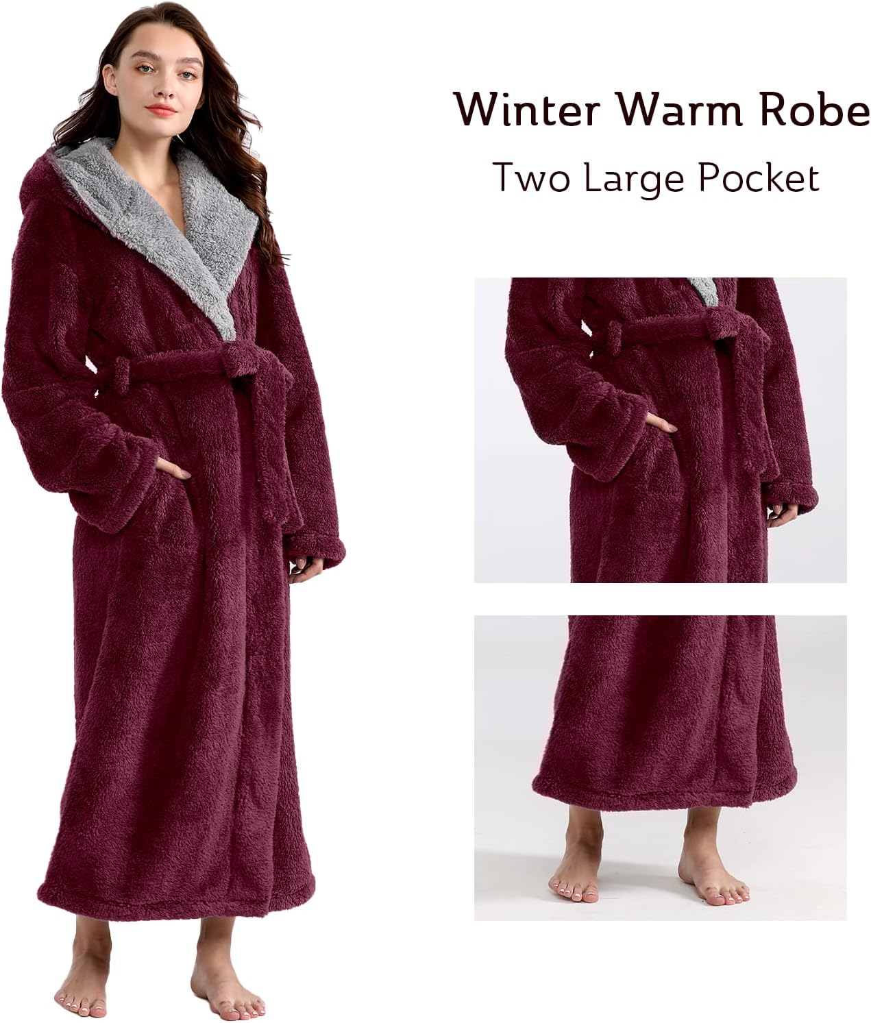 Hellomamma Long Hooded Robe for Women Luxurious Flannel Fleece Full Length Bathrobe Winter Warm Pajamas Shower Nightgown - Image 4