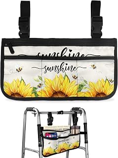 Sunflower Wheelchair Side Bag Walker Bag, Bee Rustic Floral Spring Summer Sunshine Burlap Wheelchair Accessories Armrest Pouch, Organizer Storage Bag for Walkers, Rollators, 7.3''x13''