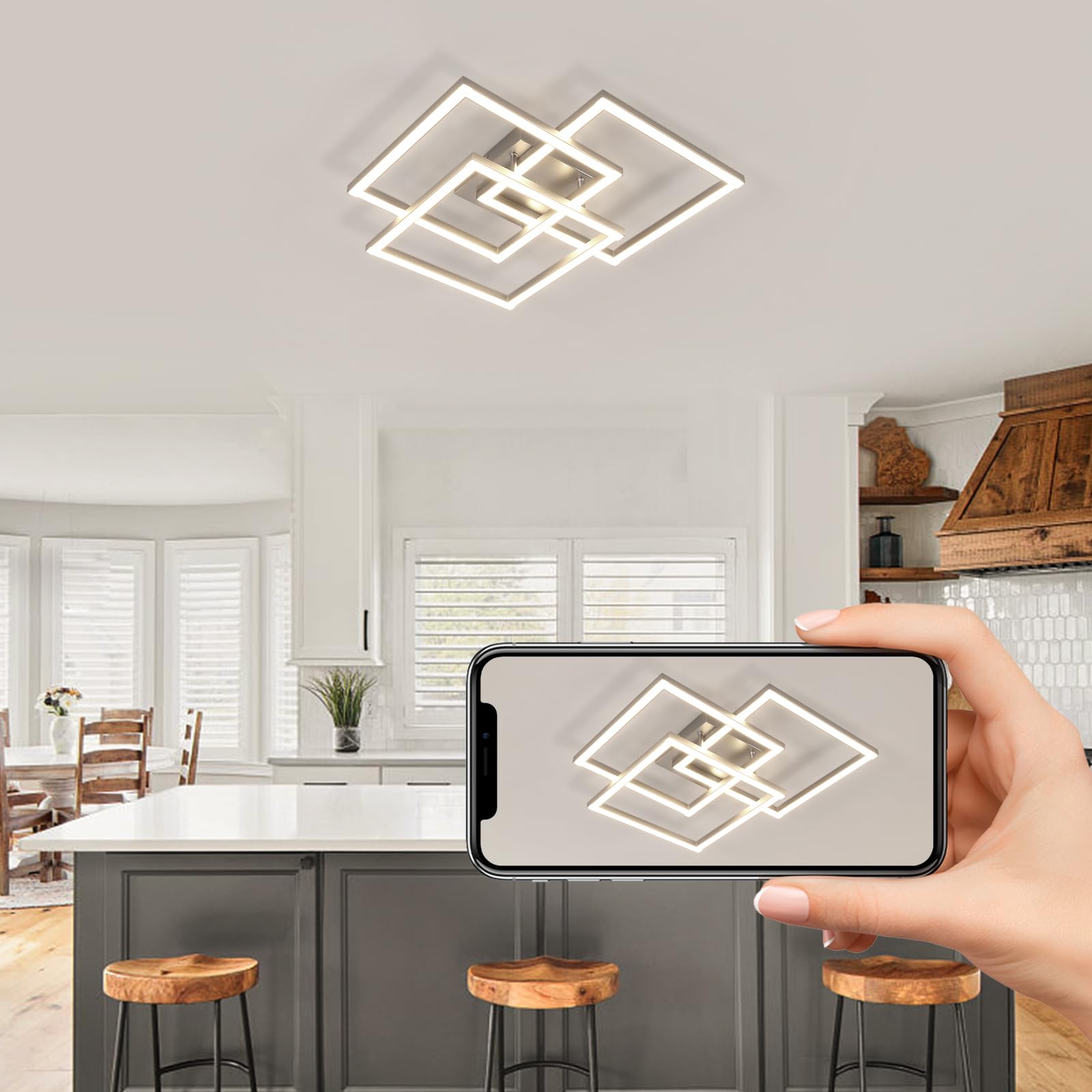 Lampadario LED Soffitto Dimmerabile, Plafoniera LED Soffitto con Telecomando 40W 5400LM, Moderno Lampada da ED Argenteo Quadrata 3000K-6500K per Soggiorno Camera da Letto Cucina, 62CM