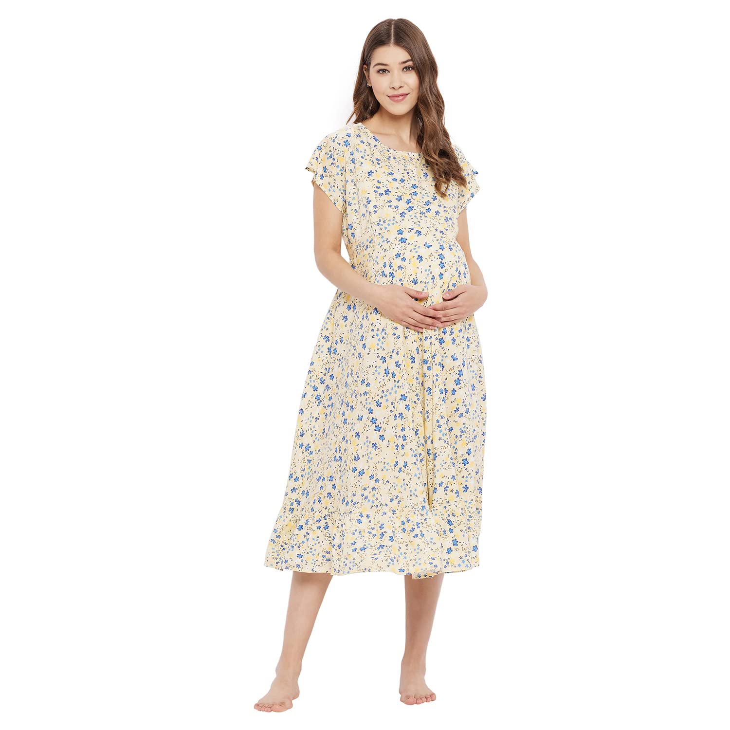 HYPERNATION Women's Yellow and Blue Floral Printed Maternity Dress (HYPW03467;)