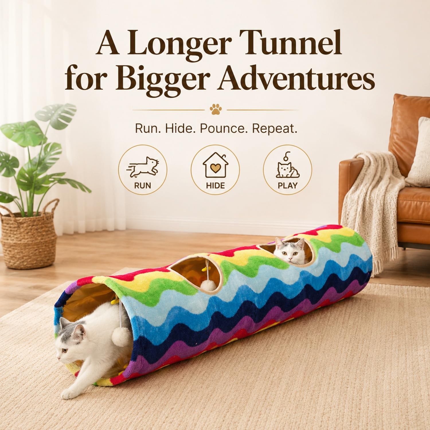 Tubo de túnel plegable con bolas de felpa, para mascotas pequeñas, conejos, gatitos, hurones, cachorros y perros, color arcoíris
