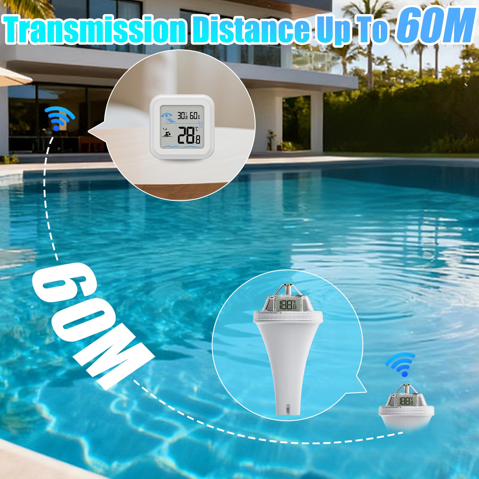 Termometro digitale per piscina, con ampio display | Portata di 60 m, visione a 360°, impermeabile IPX7, sensore ad alta precisione, adatto per piscine, vasche da bagno