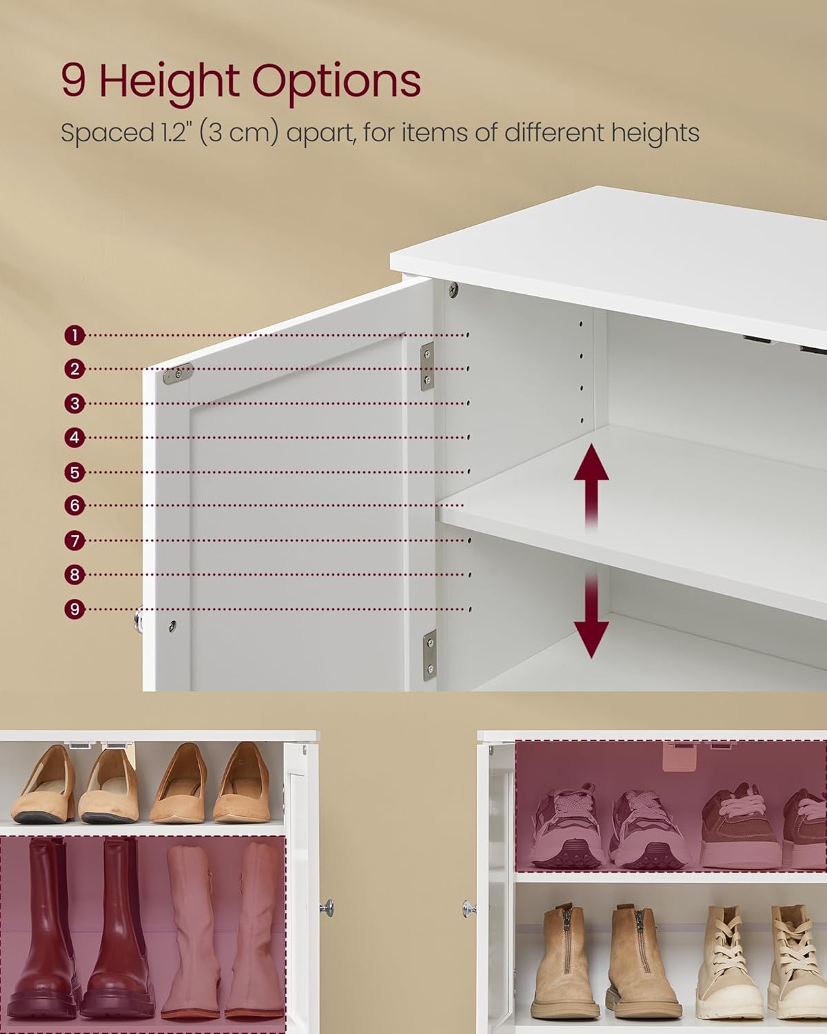 Sisustus view of the VASAGLE shoe cabinet filled with various types of shoes