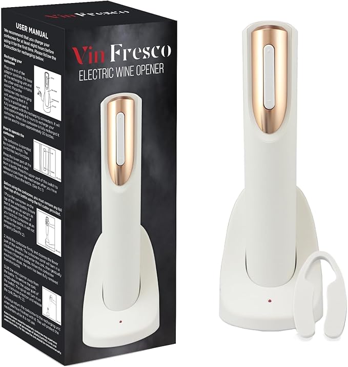 Vin Fresco Electric Wine Opener Rechargeable with Charging Base & Foil Cutter - Automatic Wine Bottle Opener - Electric Corkscrew Wine Opener - Wine Gift for Wine Lovers (White & Rose Gold)