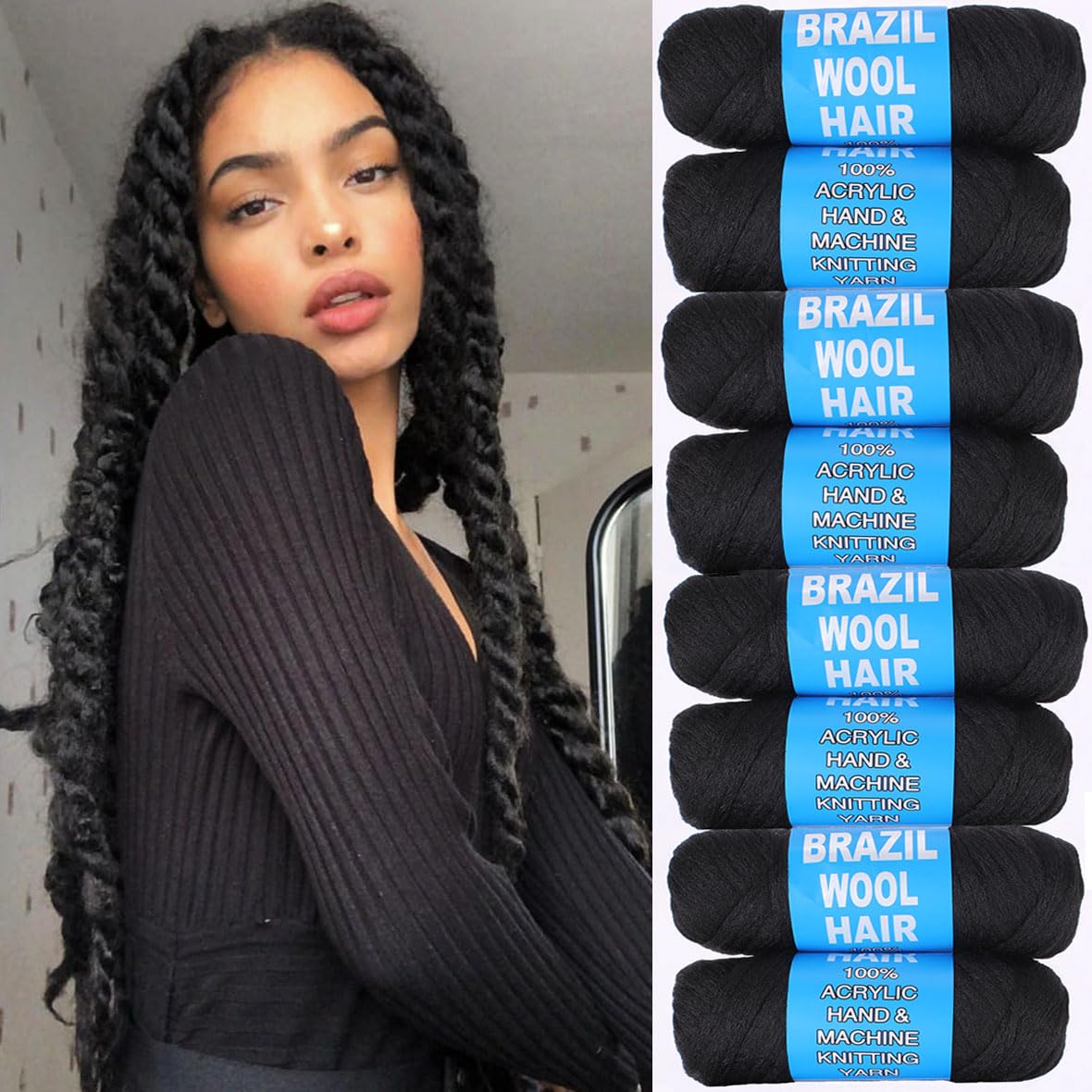 Kachanaa 8 Roll Natural Black Brazilian Wool Hair Yarn for Jumbo Braids Acrylic Hand Knitting Roll for Soft Faux Locs Goddess Locs Hair Extension Senegalese Twist Crochet Hair for Women 1B#