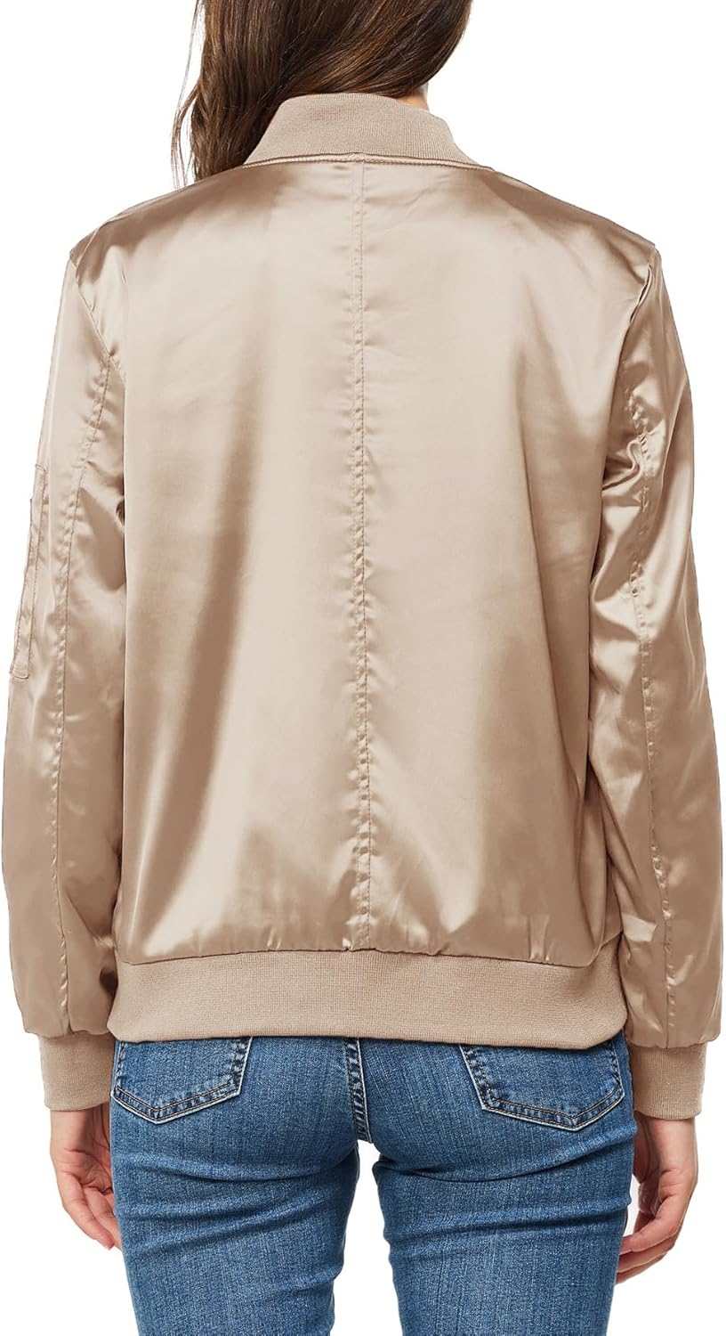 Satin Bomber Jacket Women Casual Fall Varsity Jackets Zip Up Outerwear Windbreaker with Pockets - Image 2