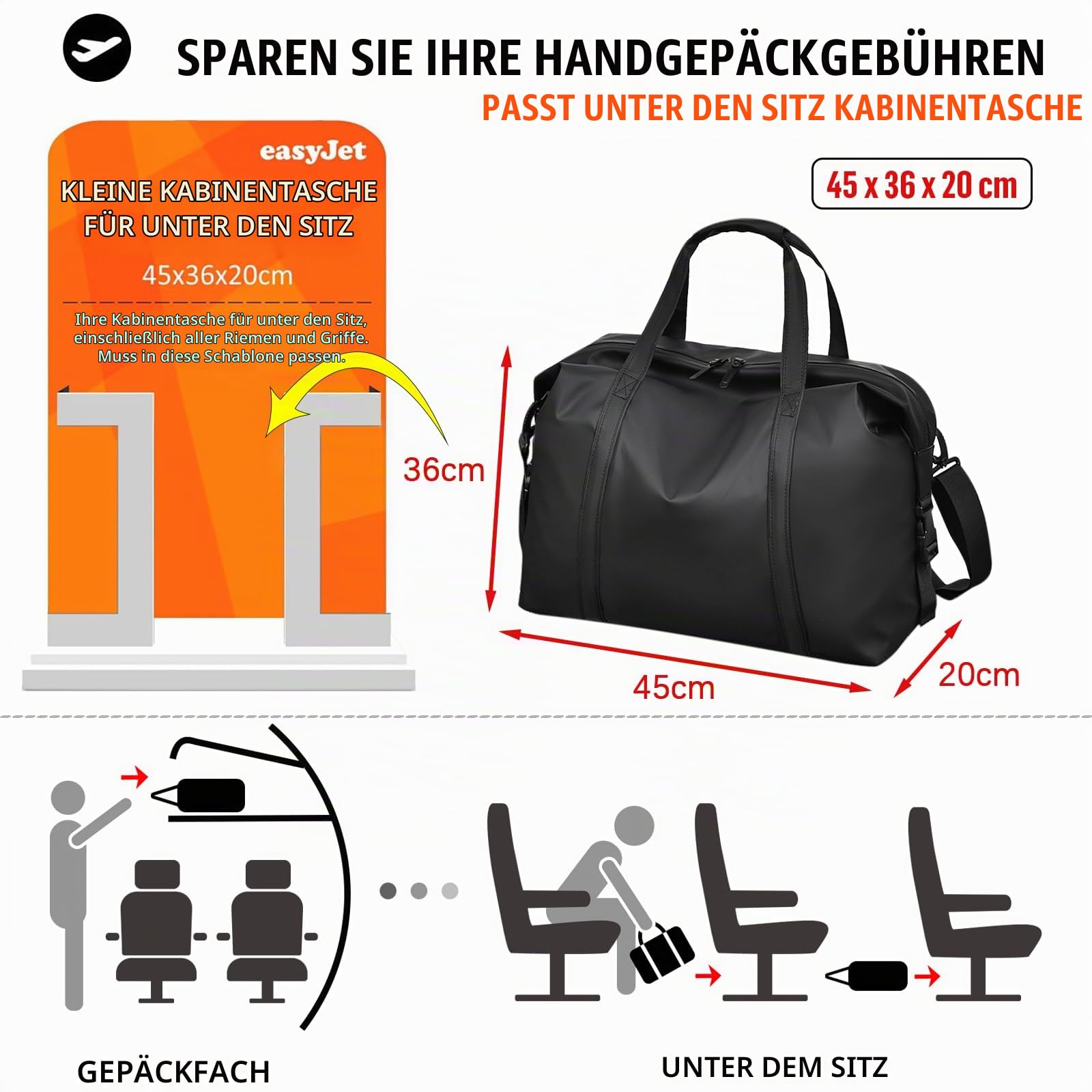 Reisetasche für Easyjet Handgepäck 45x36x20, Wasserdichtes PU Leder Reise Tasche mit Schulterriemen, Weekender für Herren und Damen