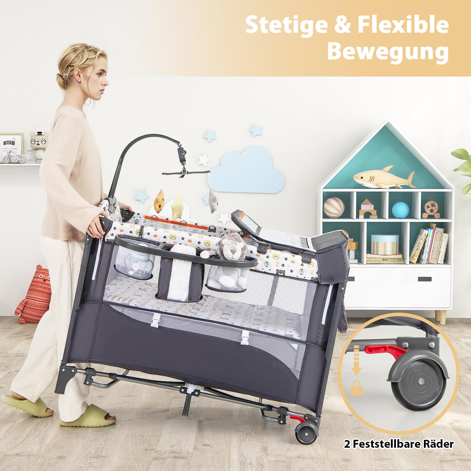 DREAMADE Reisebett mit Matratze, 5 in 1 Beistellbett Baby mit Rollen & Wickelauflage & Spieluhr, 110×76cm Babybett mit Tragetasche, für Neugeborene & Baby (Bunt)
