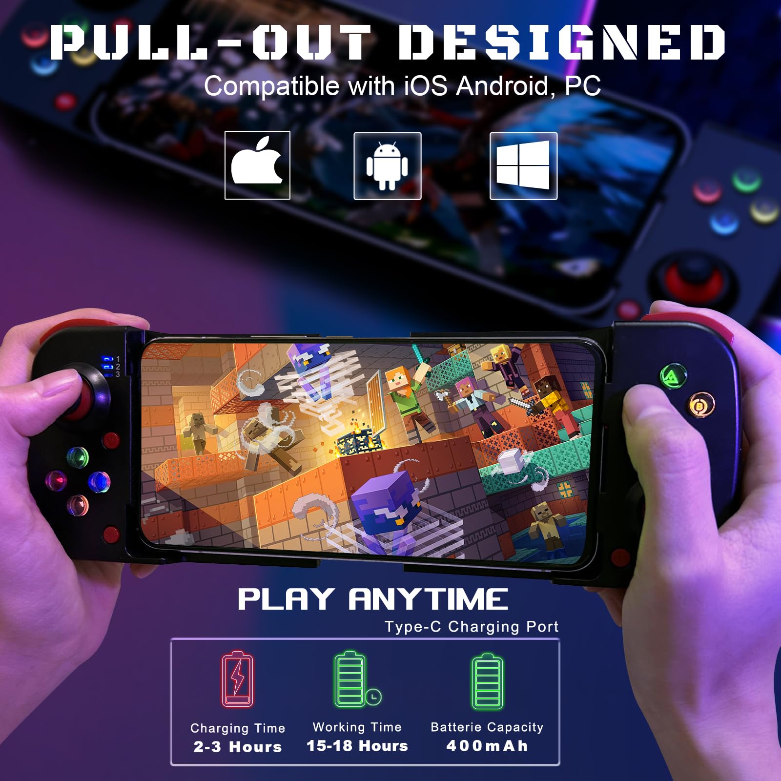Megadream Controlador de juegos móvil Gamepad para iPhone iOS Android PC: funciona con iPhone 15/14/13/12/11/X, iPad, Samsung Galaxy, TCL, Tablet, Call of Duty, Diablo Immortal - Directly Play (negro)