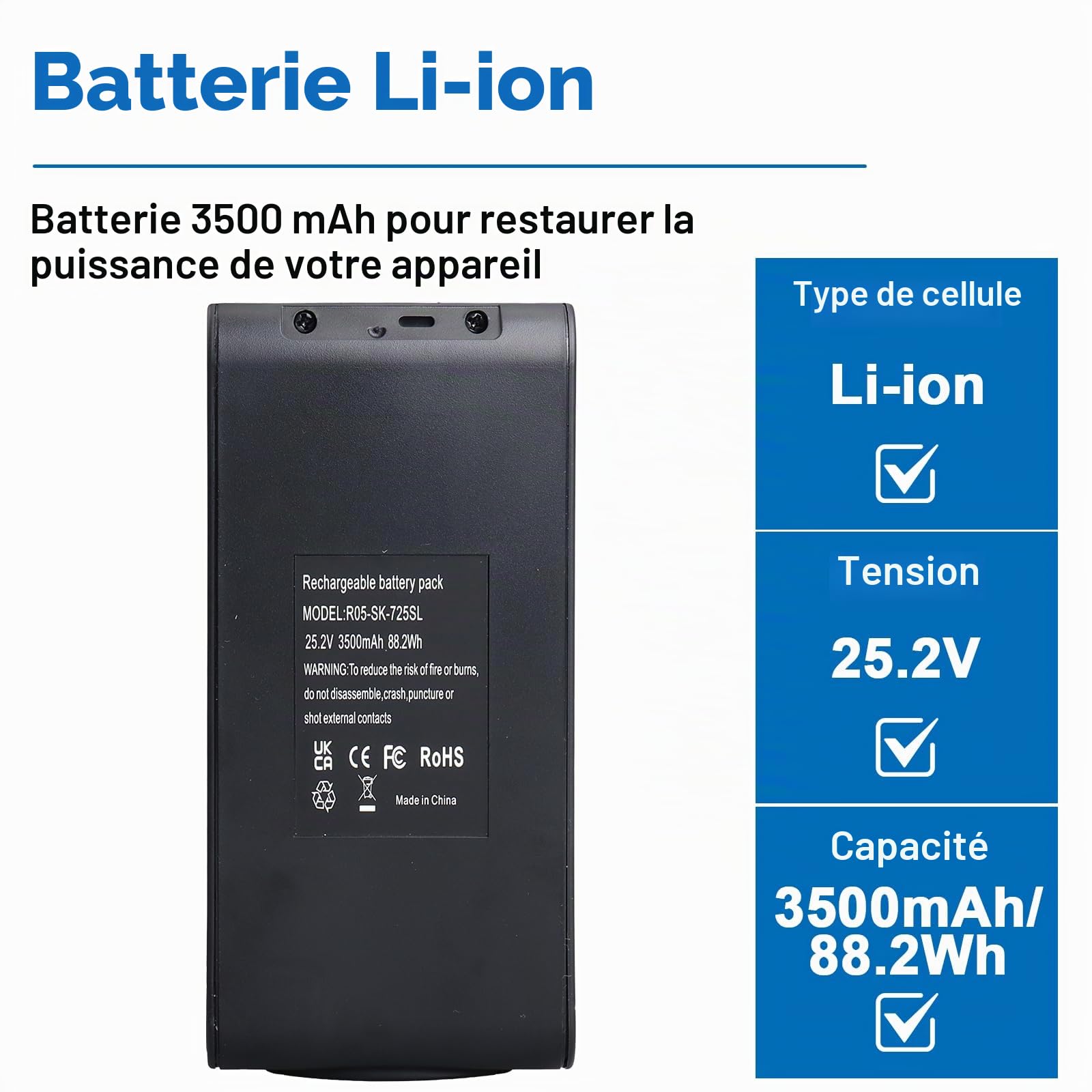 Shark XBATR725SLEU /XBATR725SL Batterie de rechange 25,2 V 3500 mAh Compatible avec les aspirateurs sans fil IZ400UK, IZ400UKT, IZ420UKT, IZ400UKTSB Shark