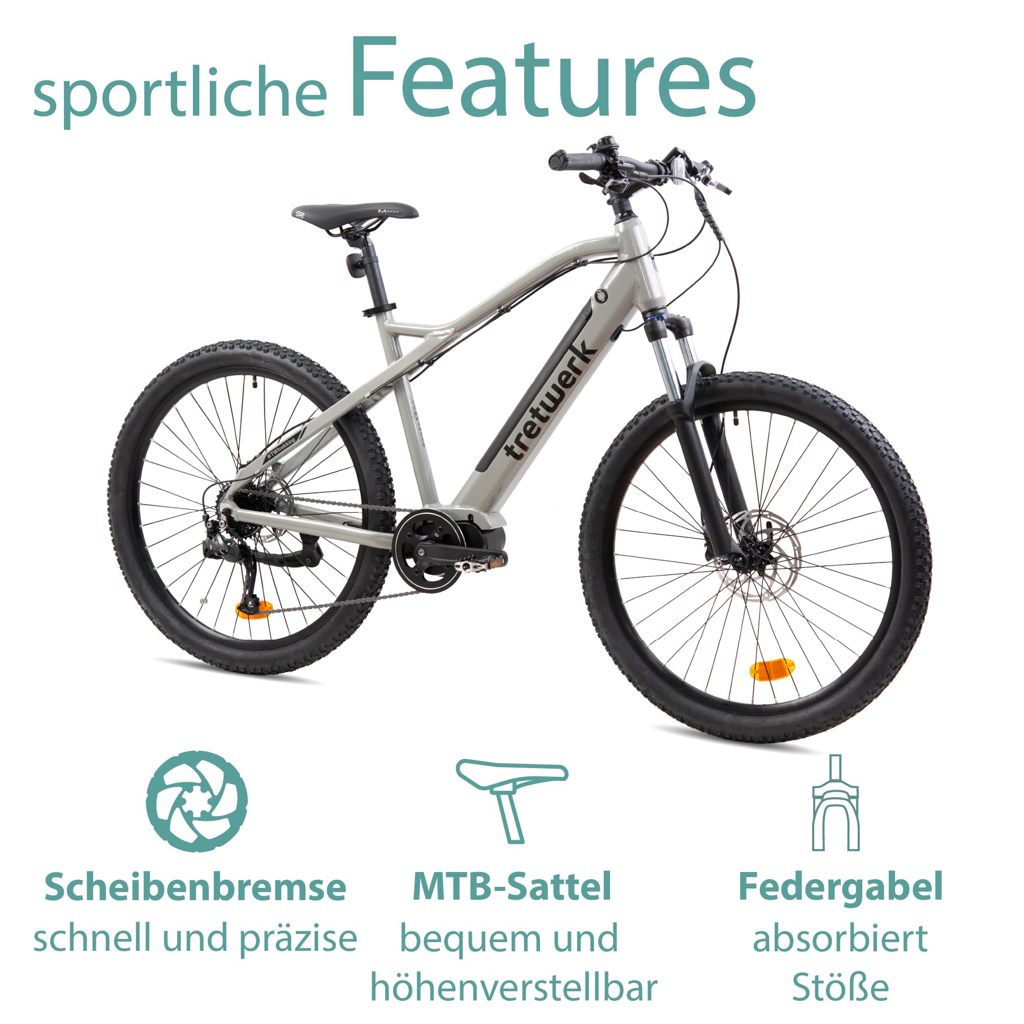 TRETWERK - 27,5 Zoll E-Bike Mountainbike - Commander - Pedelec Mountainbike mit 9 Gang Shimano Kettenschaltung - Elektrofahrrad MTB Hardtail mit Hecknabenmotor 250W, 36V