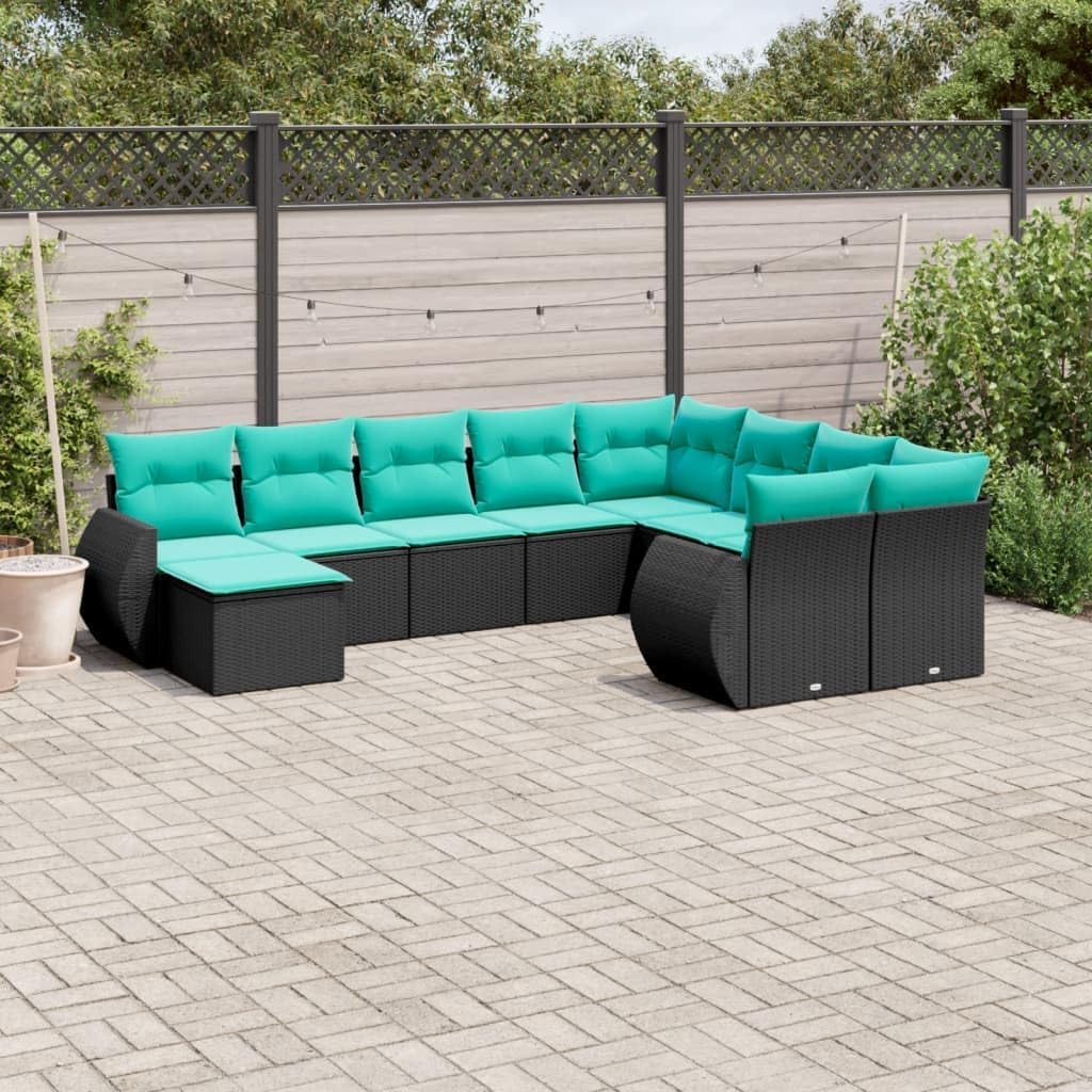 10-tig Patio Sofa Set Black Poly Rattan Cushions Comfortable Inviting Space Backyard Terrace