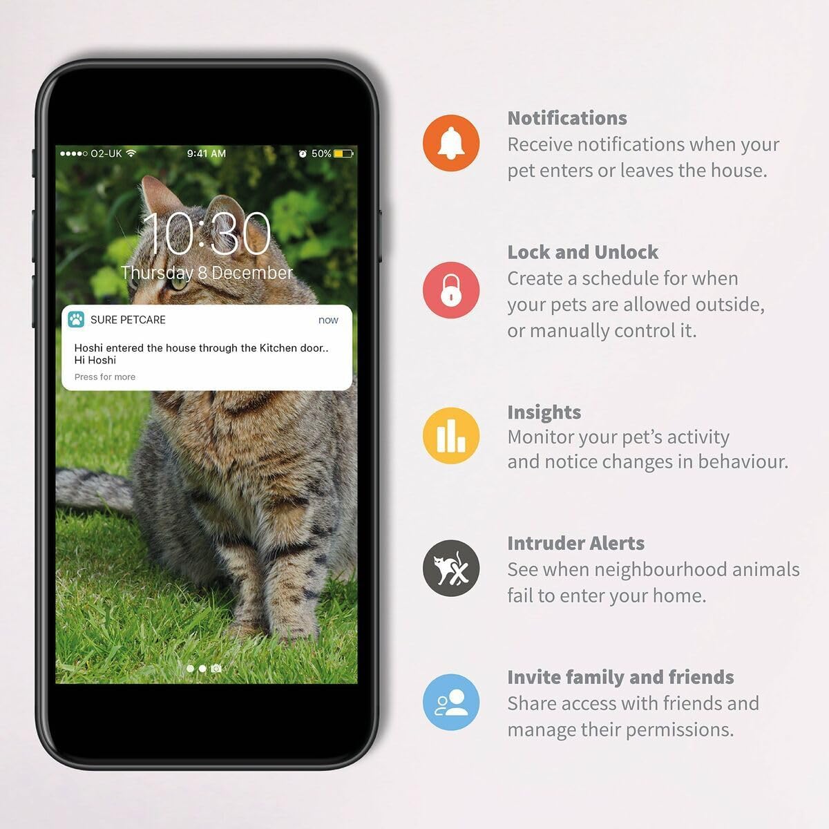 Screenshot of the Sure Petcare app showing notifications and control options.