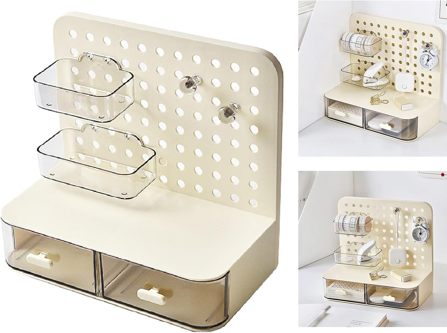 Pegboard Desk Organizer Simple Multifunctional Plastic Storage Rack with Drawers for Stationery Headbands Office Home Workspace (Cream Yellow)