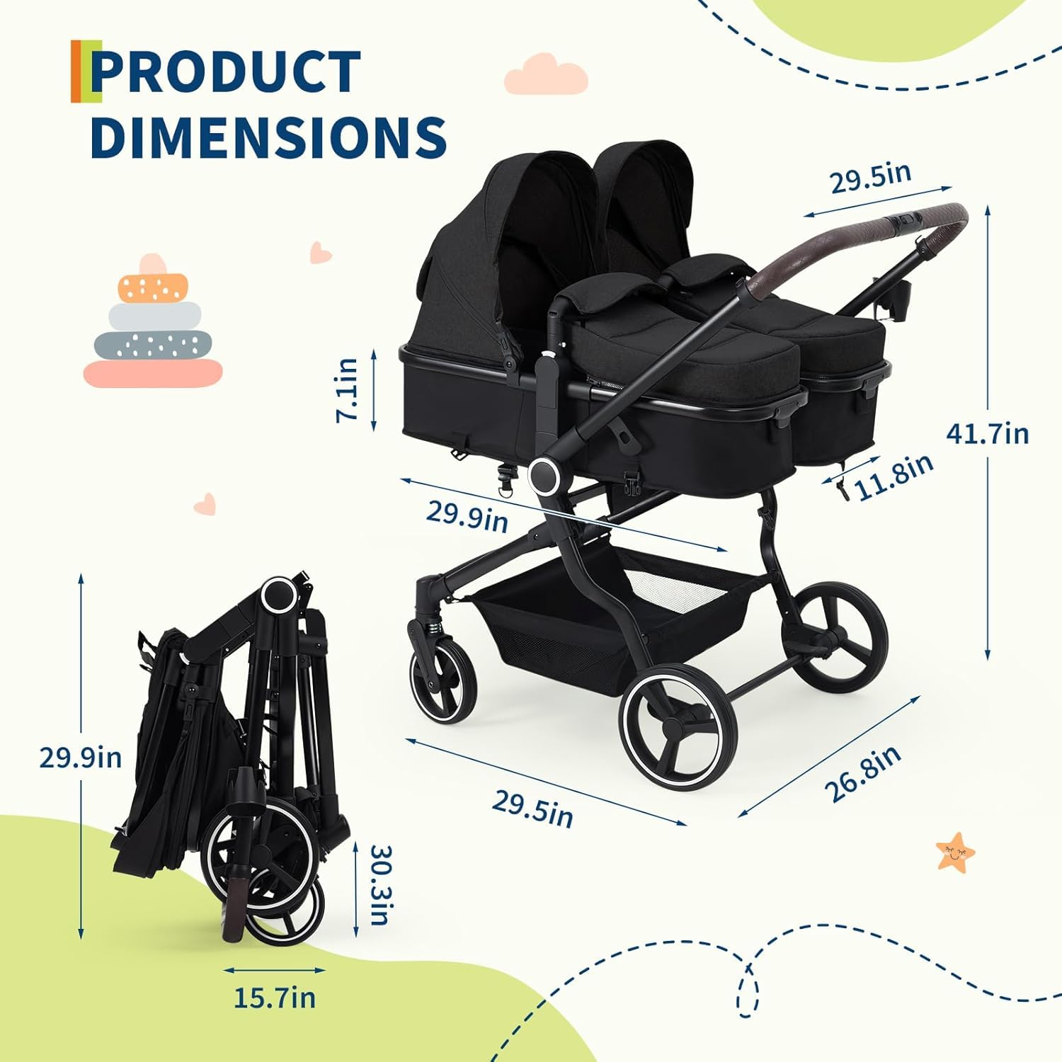 Garvee Poussette Double Légère, Pliable De Voyage, Position Allongée, Avec Siéges Réversibles, Nacelle Bébé, Charge Max 30 kg, De La Naissance à 36 Mois, Noir